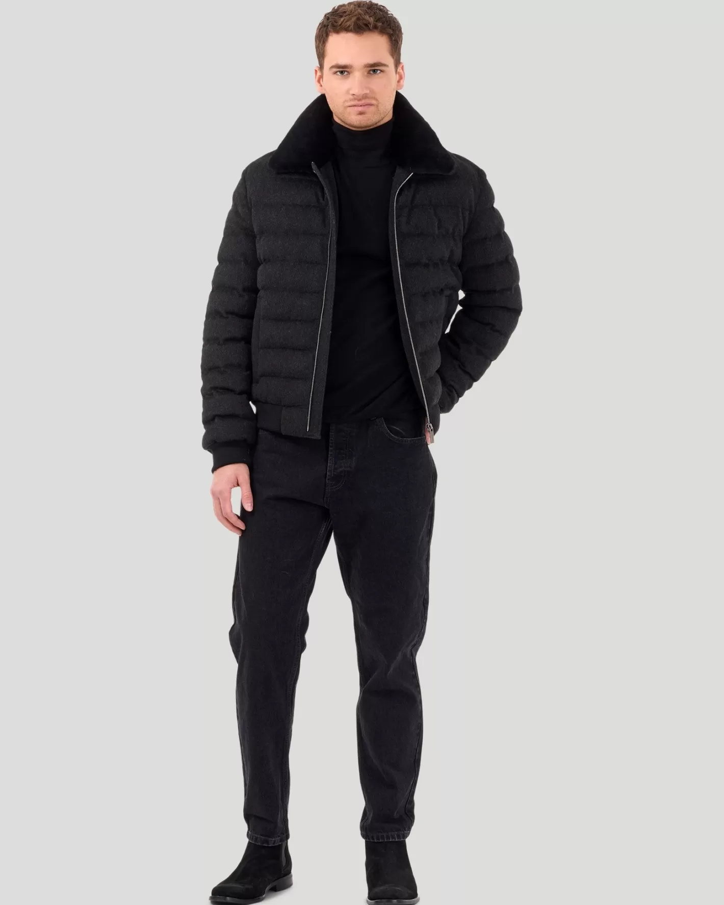 GORSKI Montreal Men's Quilted Wool Jacket With Detachable Select Shearling Lamb Collar