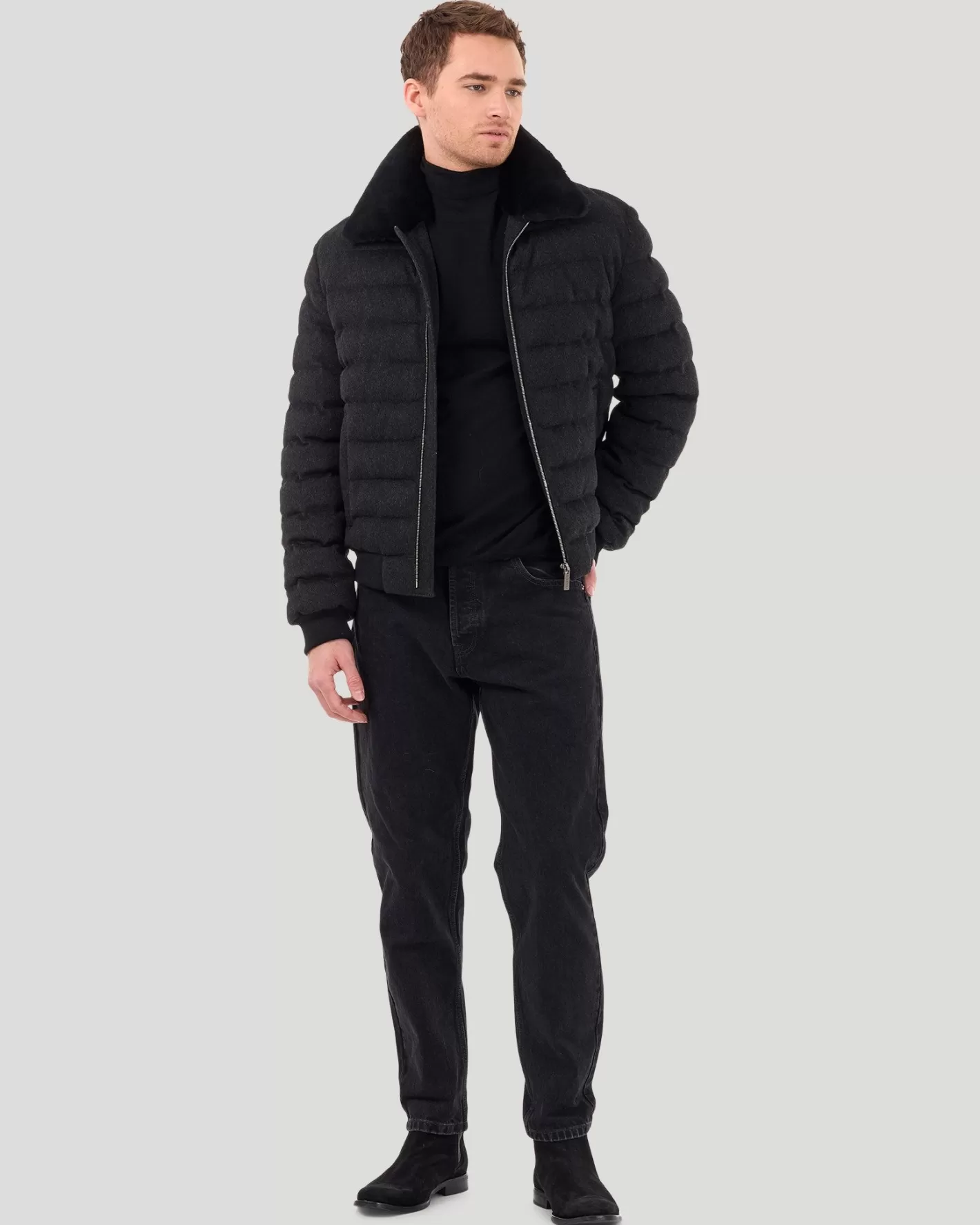 GORSKI Montreal Men's Quilted Wool Jacket With Detachable Select Shearling Lamb Collar