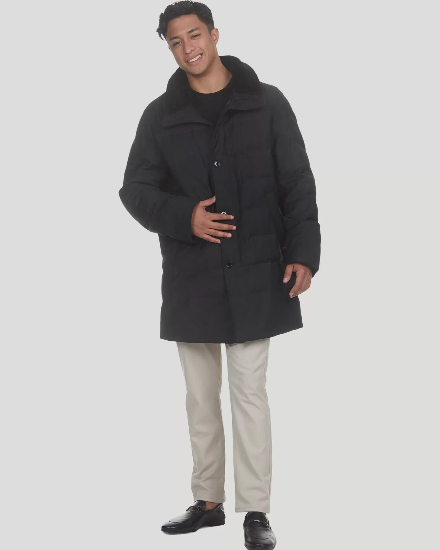 GORSKI Montreal Men's Quilted Wool Stroller With Detachable Select Shearling Lamb Collar