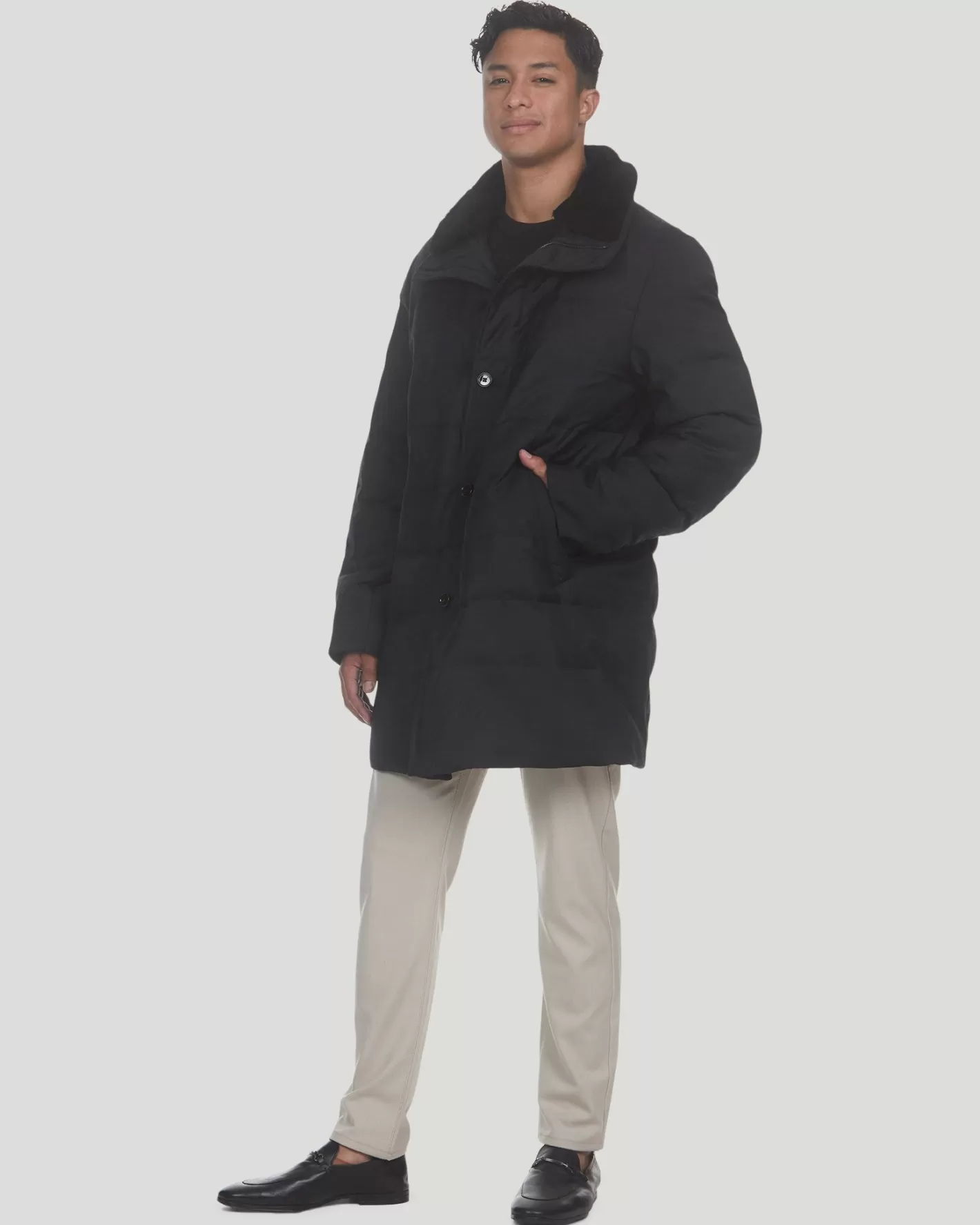 GORSKI Montreal Men's Quilted Wool Stroller With Detachable Select Shearling Lamb Collar