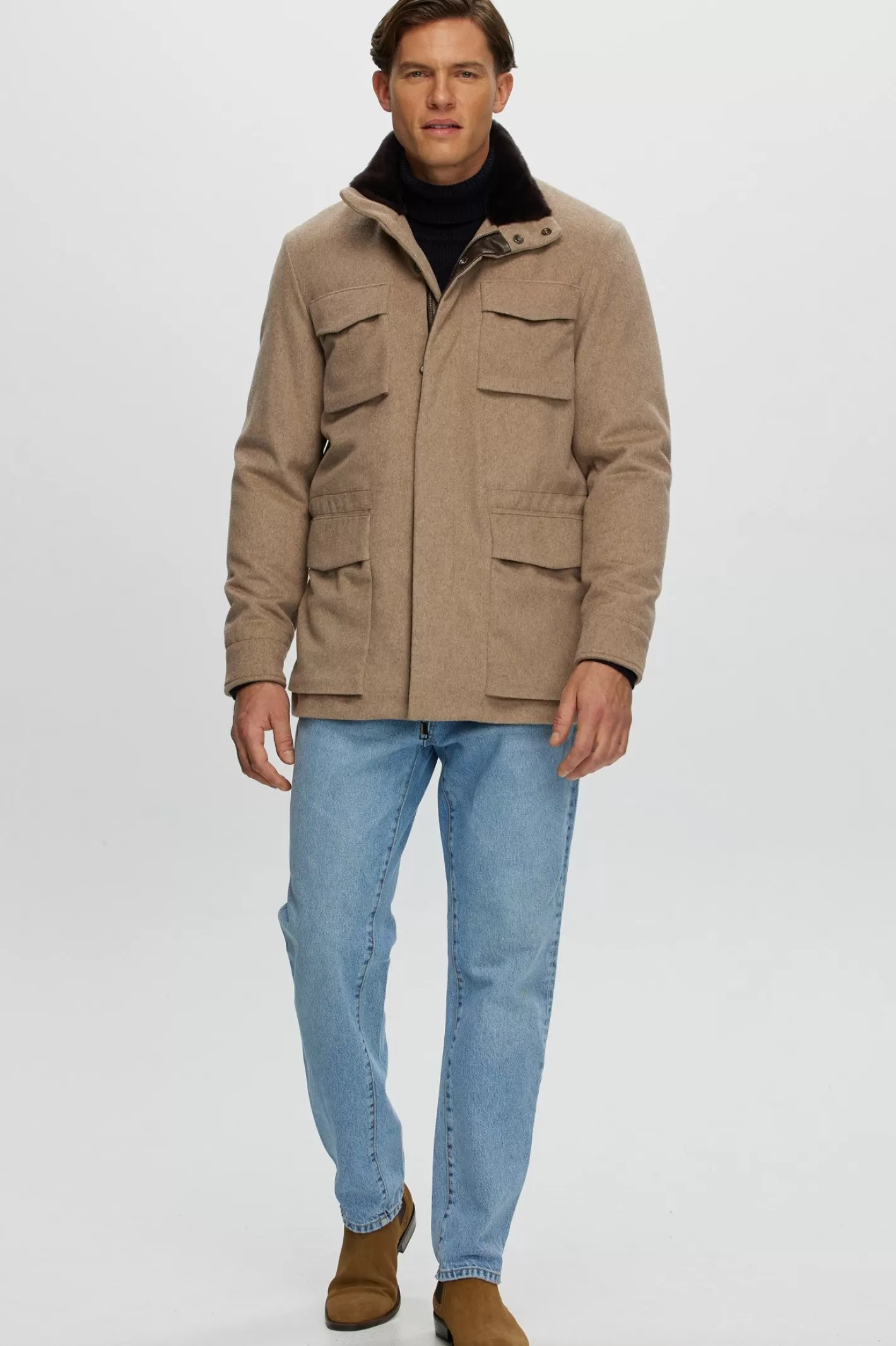 GORSKI Montreal Men's Select Fabric Jacket With Merino Shearling Lamb Collar