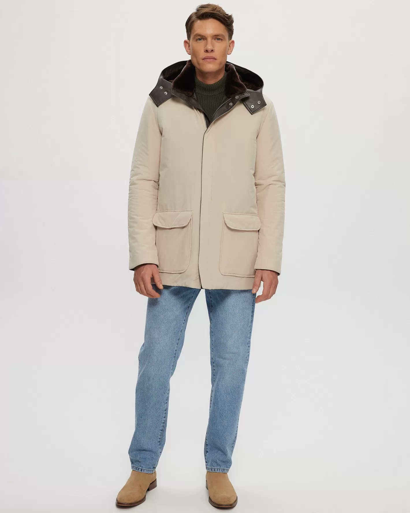 GORSKI Montreal Men's Select Shearling Lamb Lined Parka With Leather Trim And Detachable Select Shearling Lamb Collar And Hood