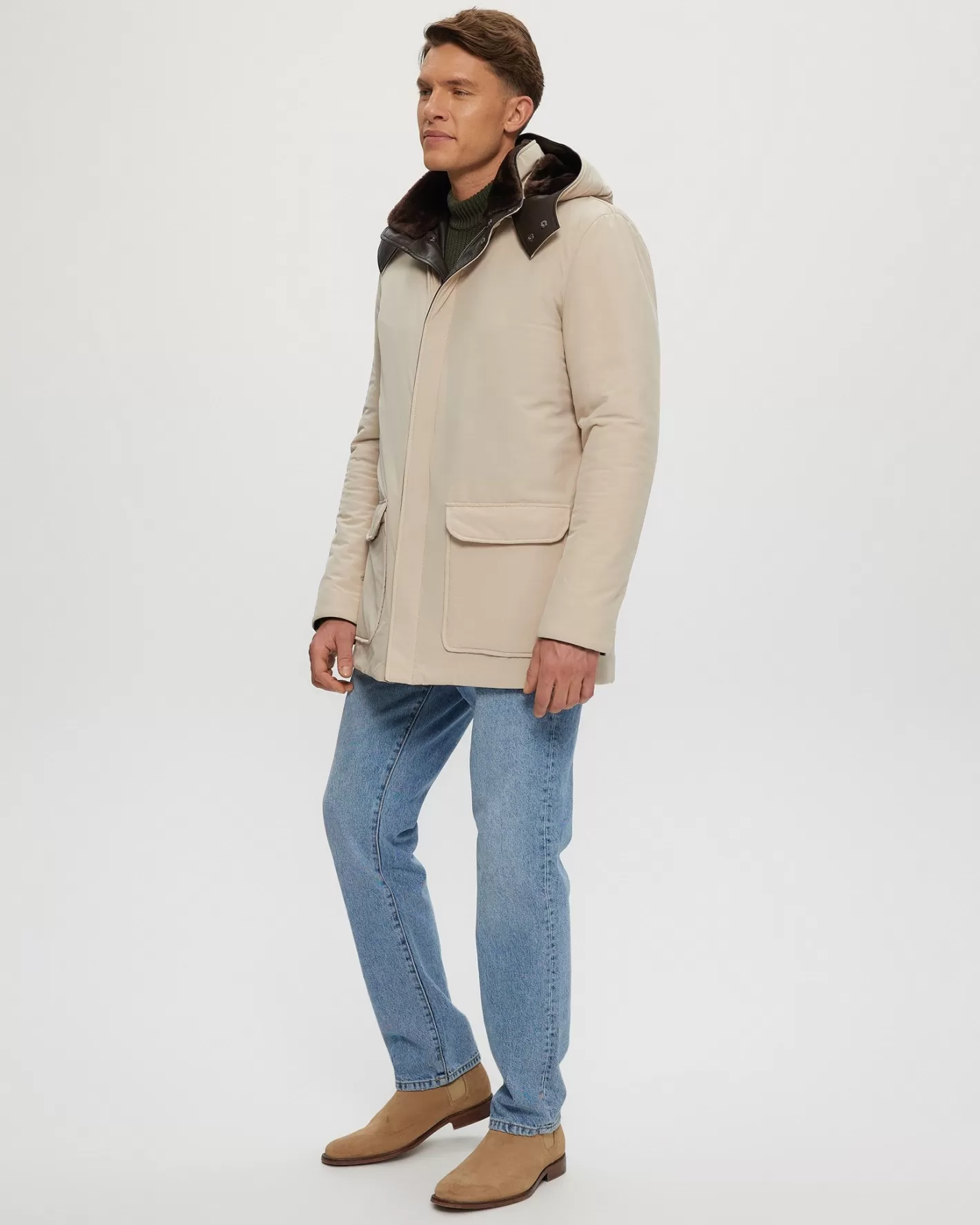 GORSKI Montreal Men's Select Shearling Lamb Lined Parka With Leather Trim And Detachable Select Shearling Lamb Collar And Hood