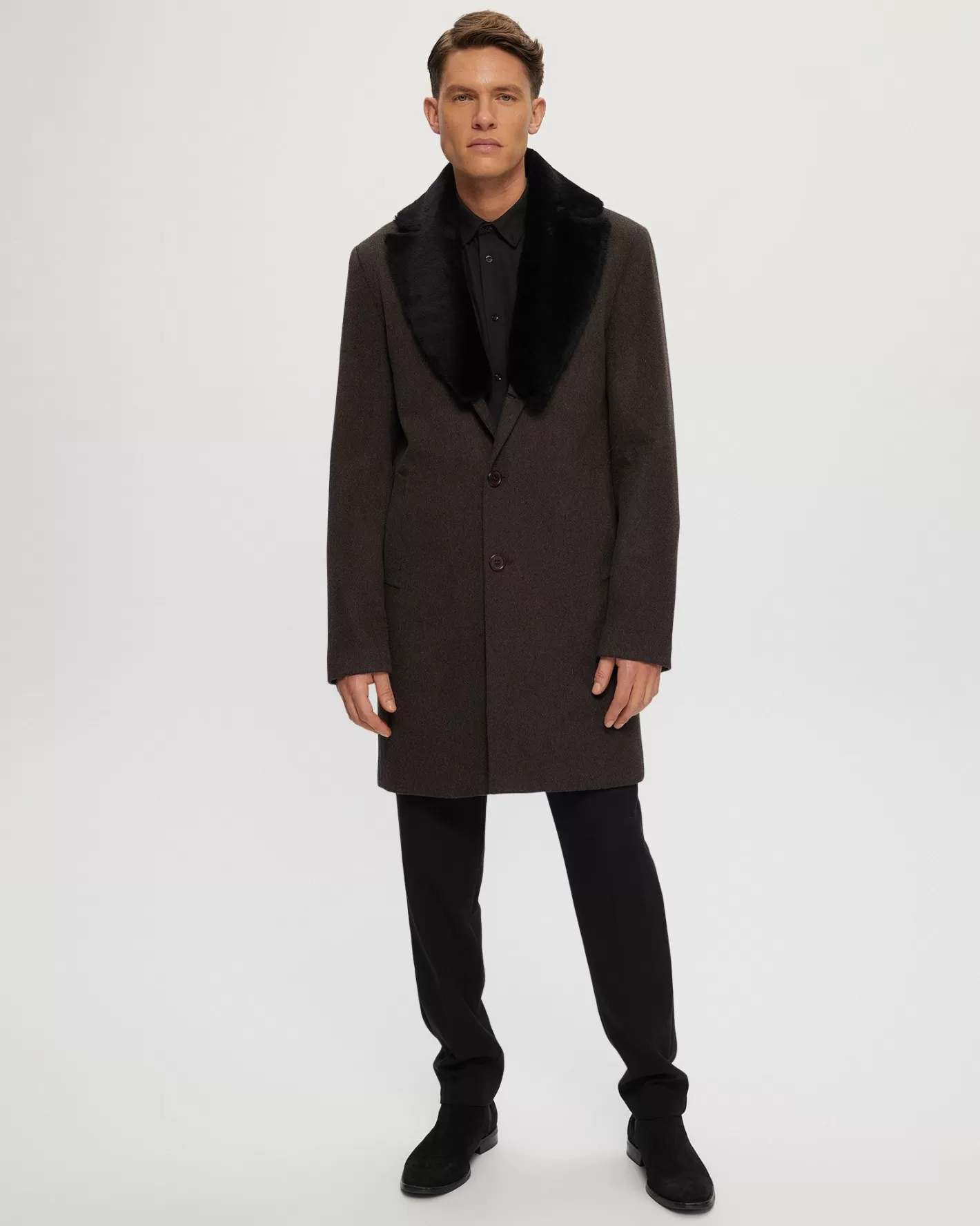 GORSKI Montreal Men's Wool Short Coat With Detachable Merino Shearling Lamb Collar