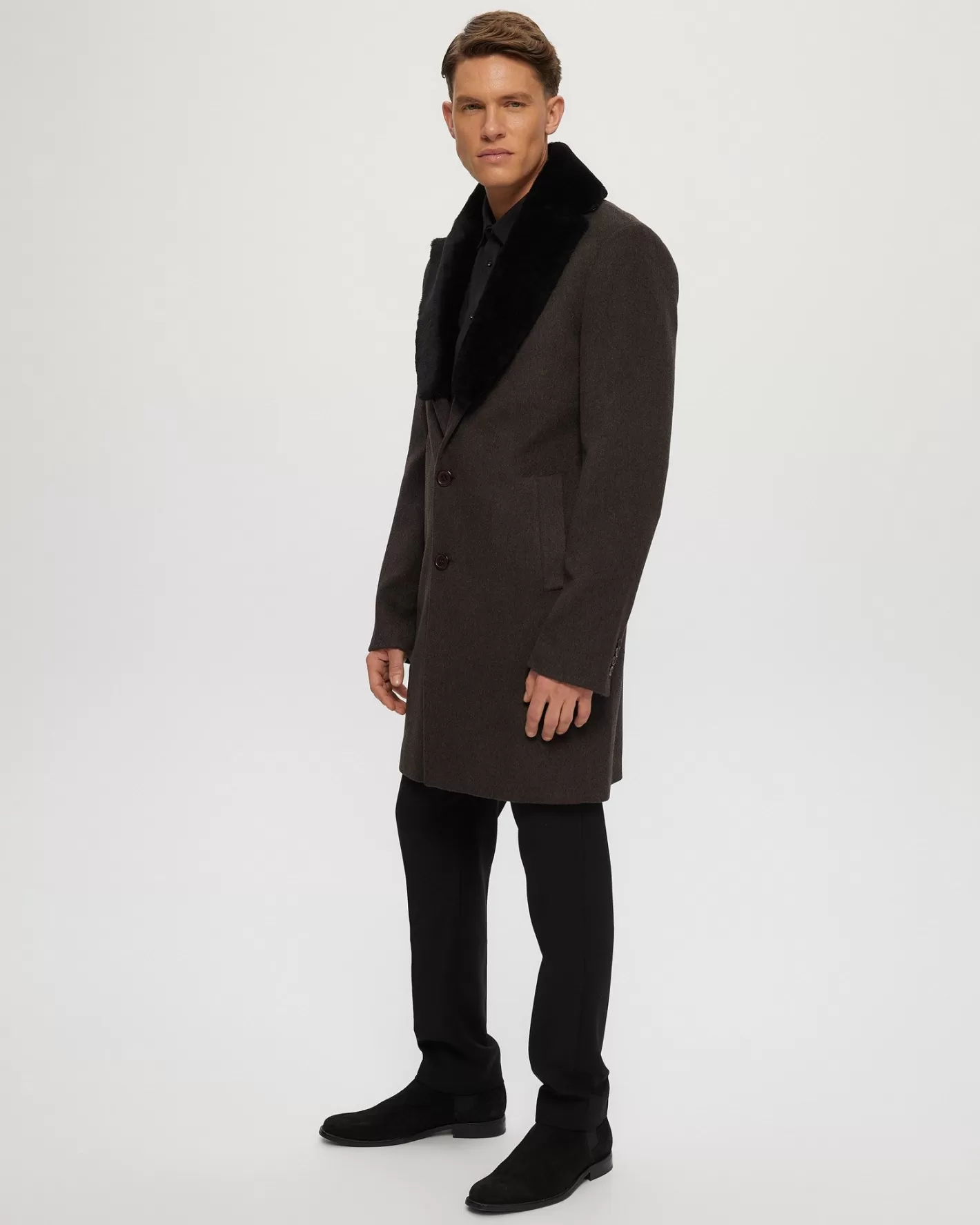 GORSKI Montreal Men's Wool Short Coat With Detachable Merino Shearling Lamb Collar