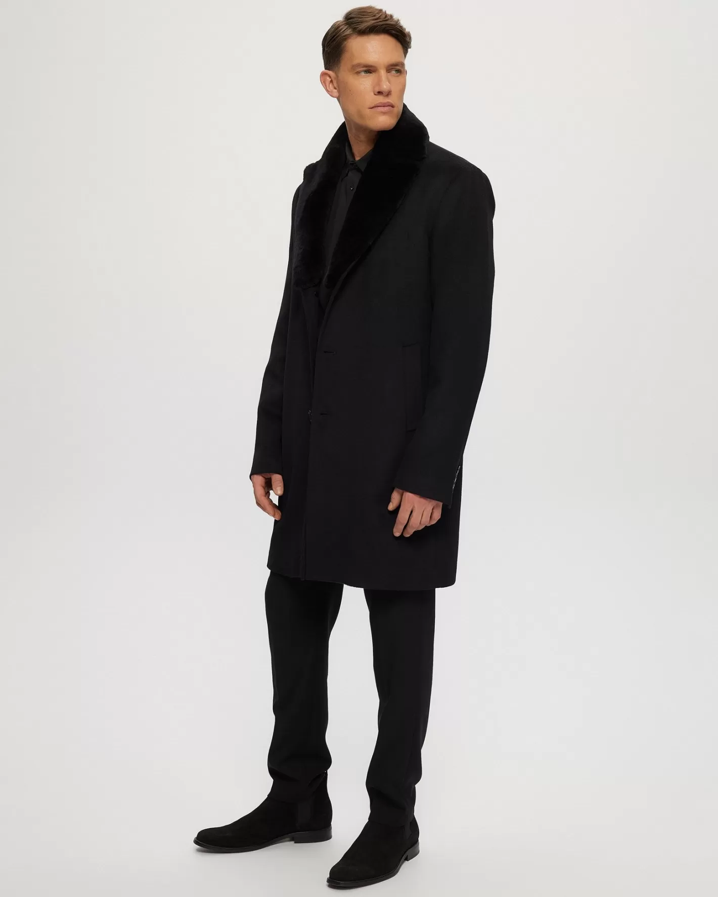 GORSKI Montreal Men's Wool Short Coat With Detachable Merino Shearling Lamb Collar