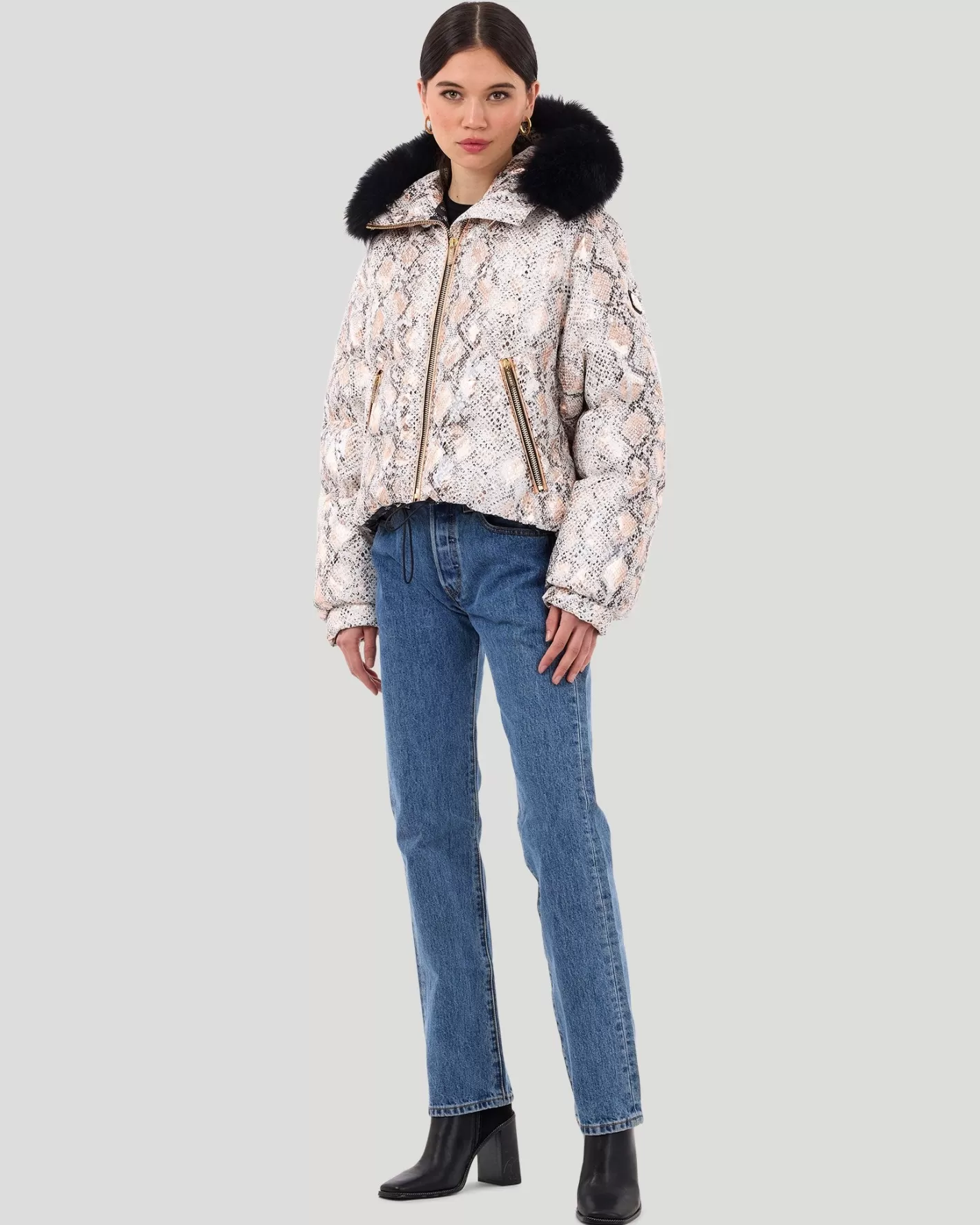 Women GORSKI Montreal Printed Après-Ski Jacket With Detachable Toscana Shearling Lamb Hood Trim