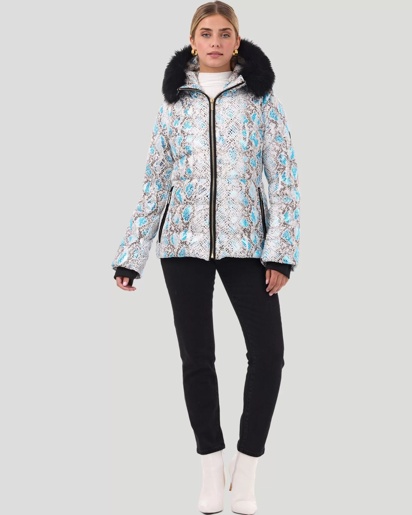 Women GORSKI Montreal Printed Après-Ski Jacket With Detachable Toscana Shearling Lamb Hood Trim