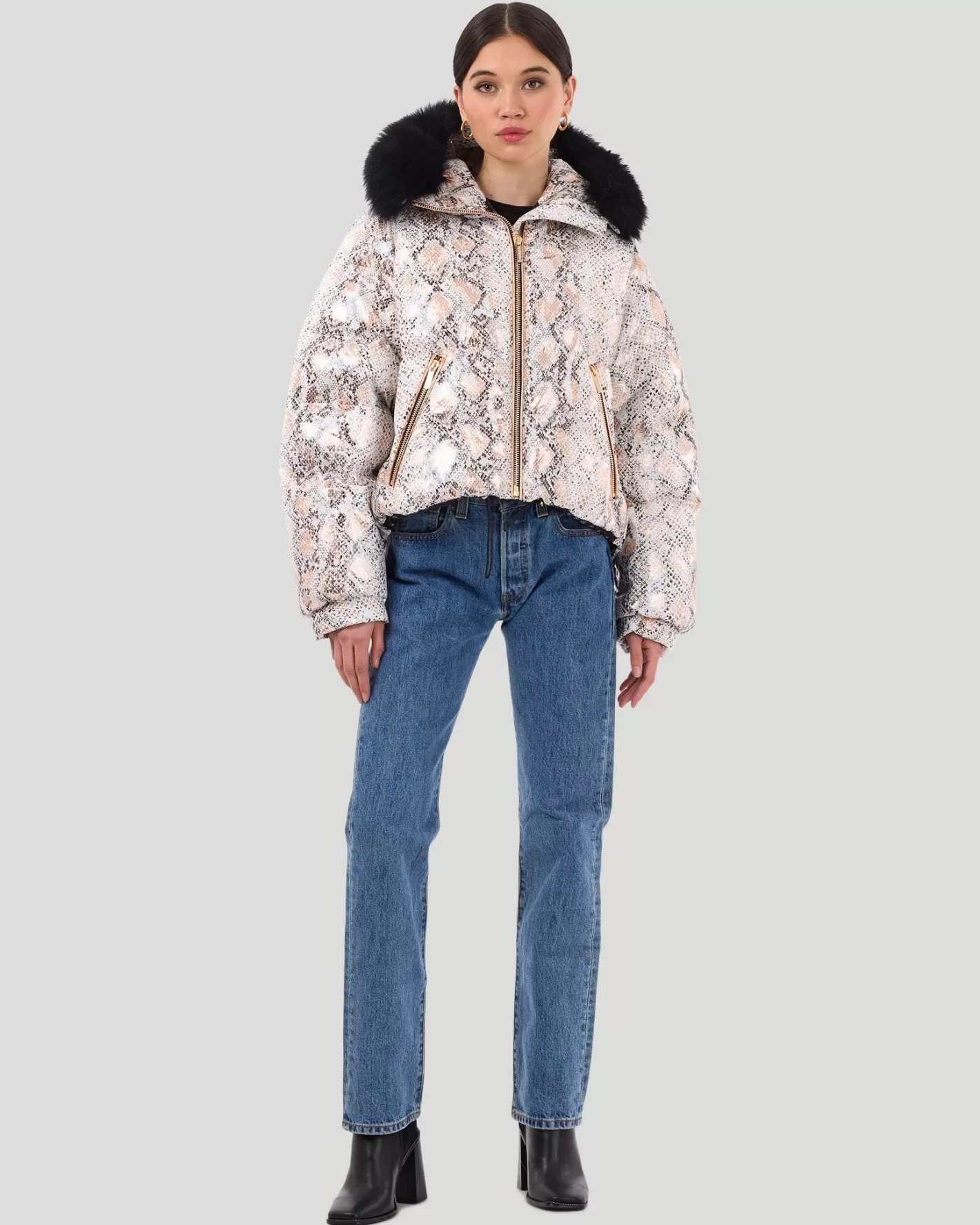 Women GORSKI Montreal Printed Après-Ski Jacket With Detachable Toscana Shearling Lamb Hood Trim