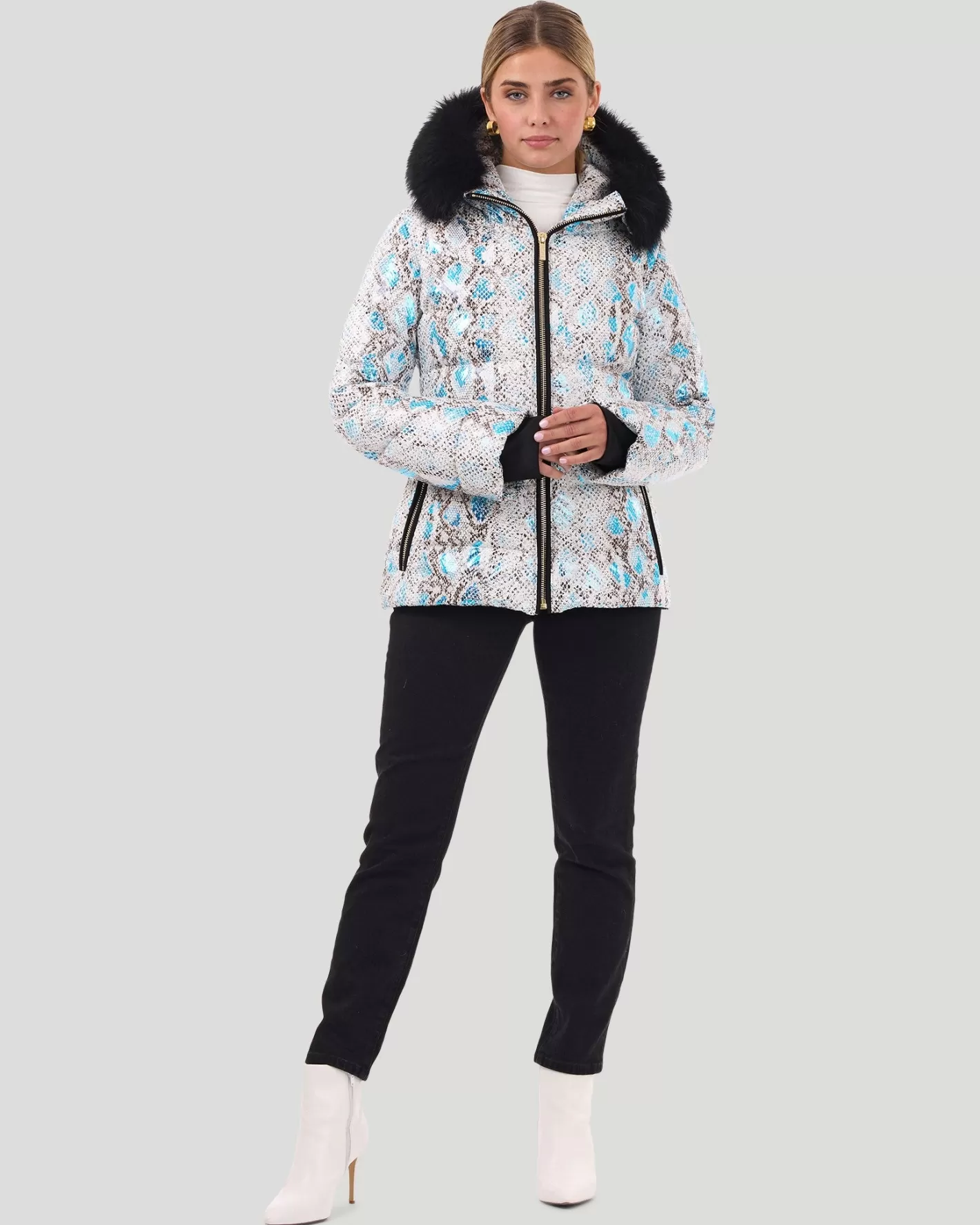 Women GORSKI Montreal Printed Après-Ski Jacket With Detachable Toscana Shearling Lamb Hood Trim