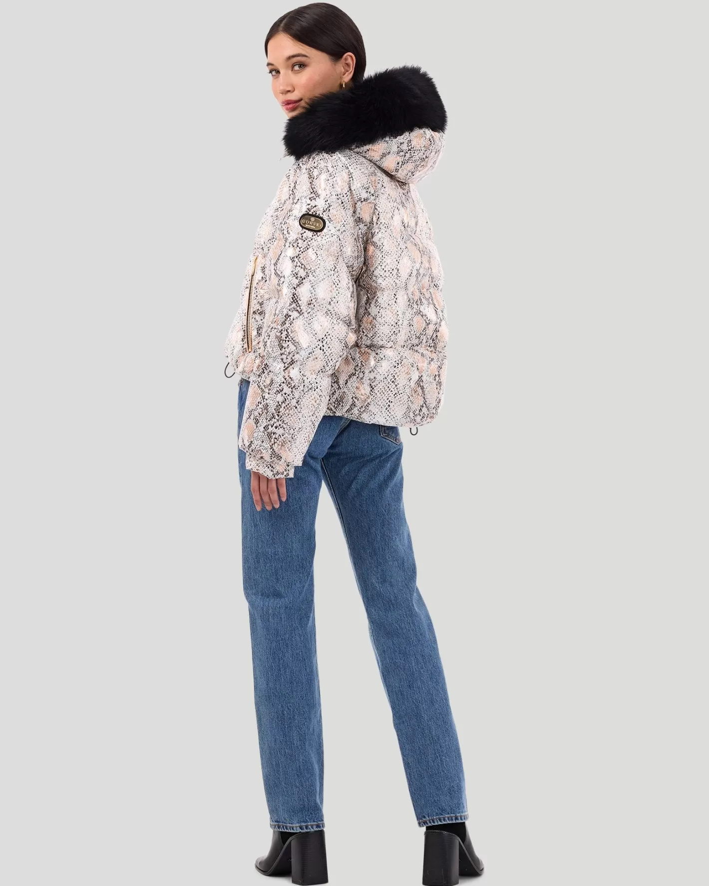 Women GORSKI Montreal Printed Après-Ski Jacket With Detachable Toscana Shearling Lamb Hood Trim