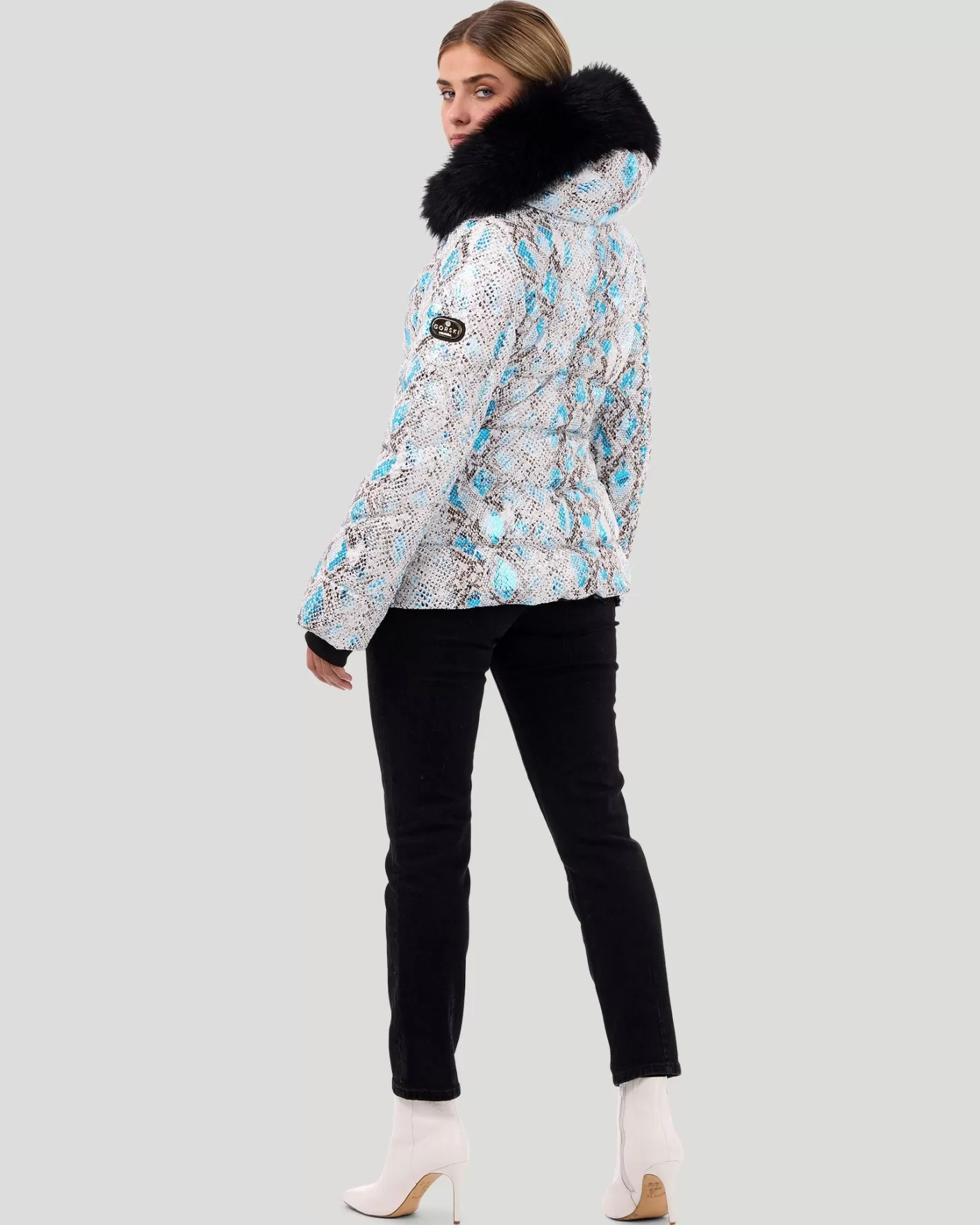 Women GORSKI Montreal Printed Après-Ski Jacket With Detachable Toscana Shearling Lamb Hood Trim