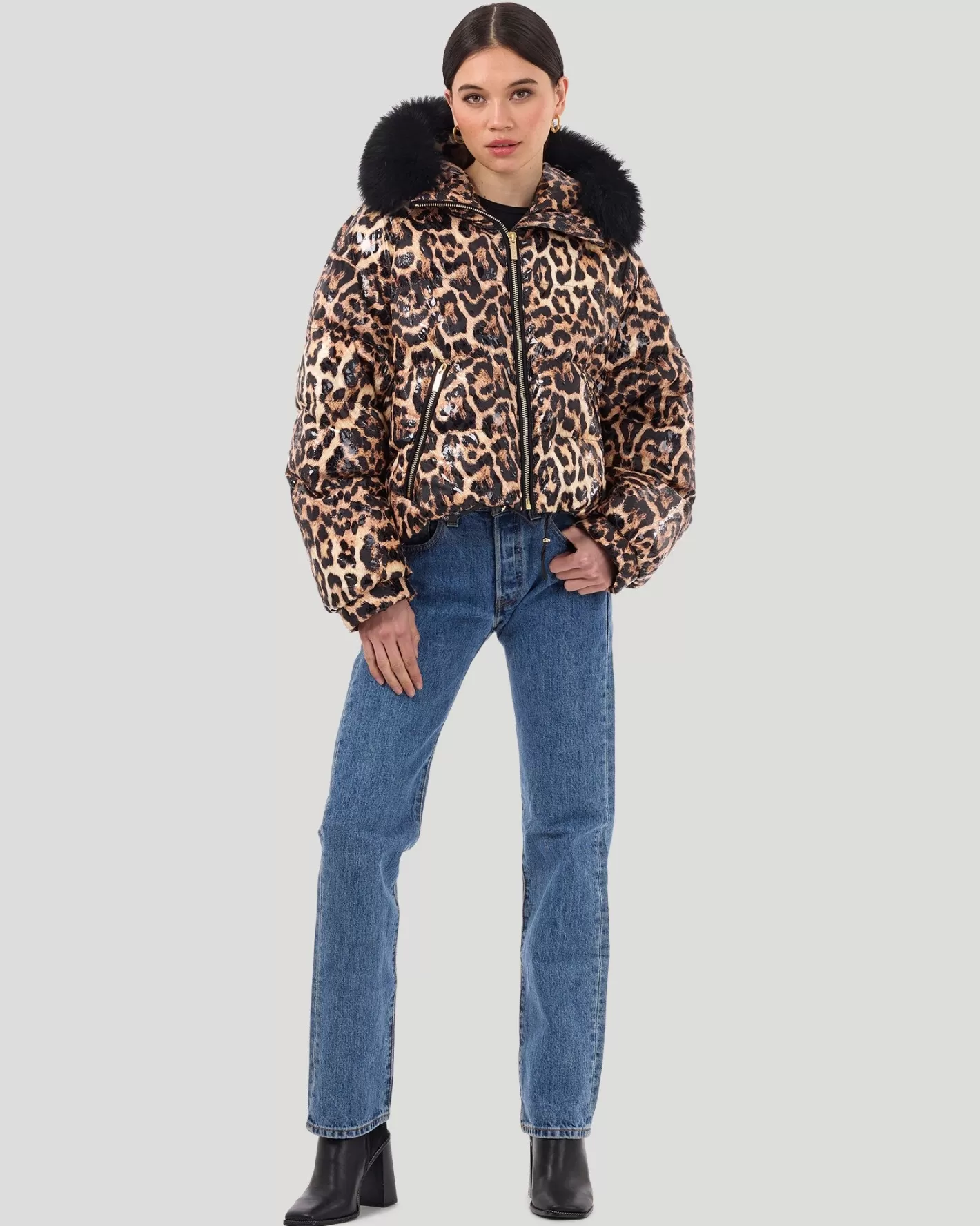Women GORSKI Montreal Printed Après-Ski Jacket With Detachable Toscana Shearling Lamb Hood Trim