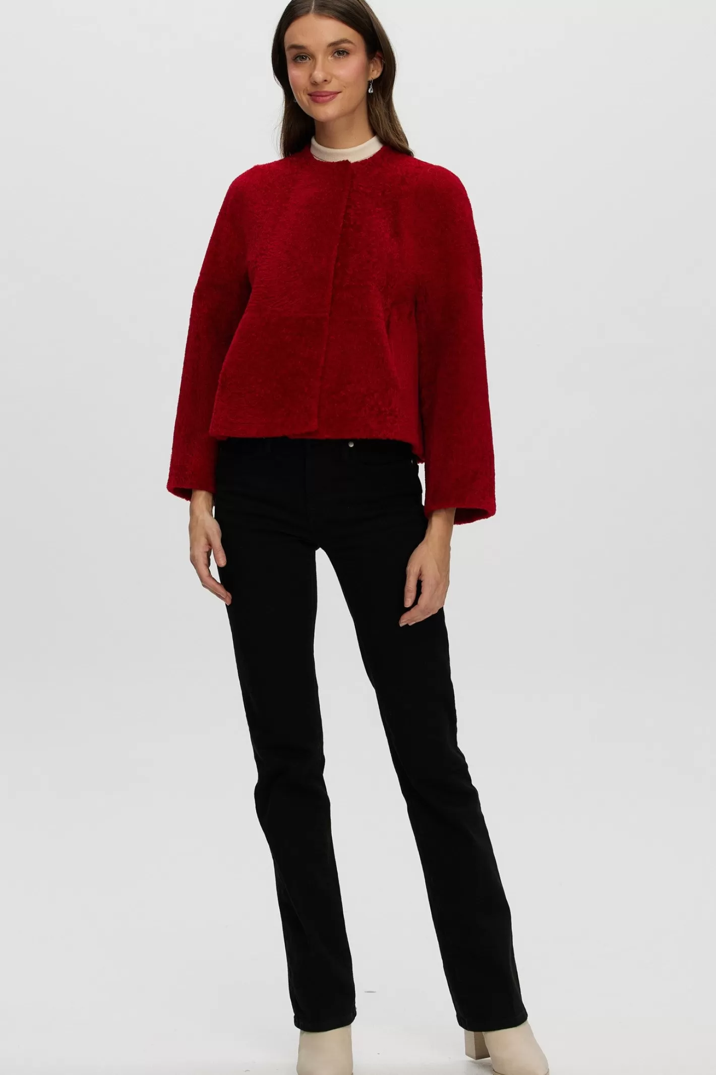 Women GORSKI Montreal Reversible Collarless New Zealand Shearling Lamb Jacket With 3/4 Sleeves