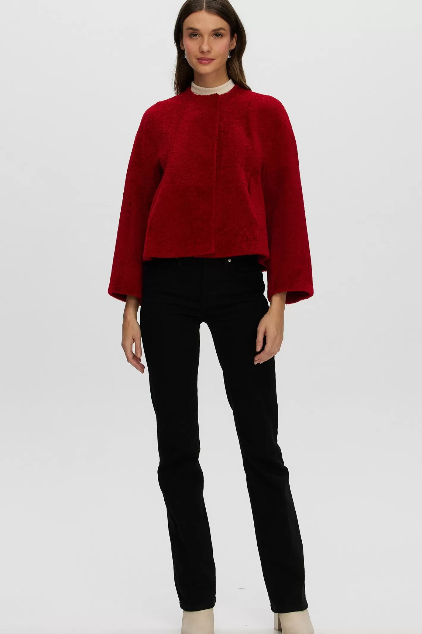 Women GORSKI Montreal Reversible Collarless New Zealand Shearling Lamb Jacket With 3/4 Sleeves