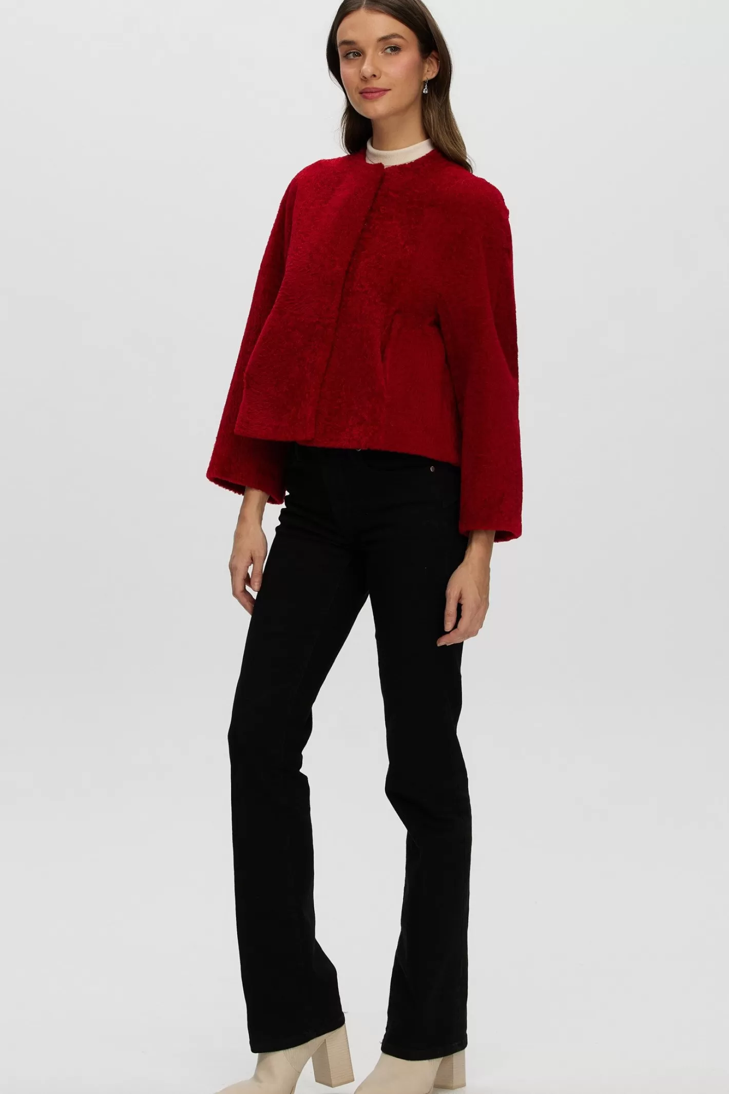 Women GORSKI Montreal Reversible Collarless New Zealand Shearling Lamb Jacket With 3/4 Sleeves