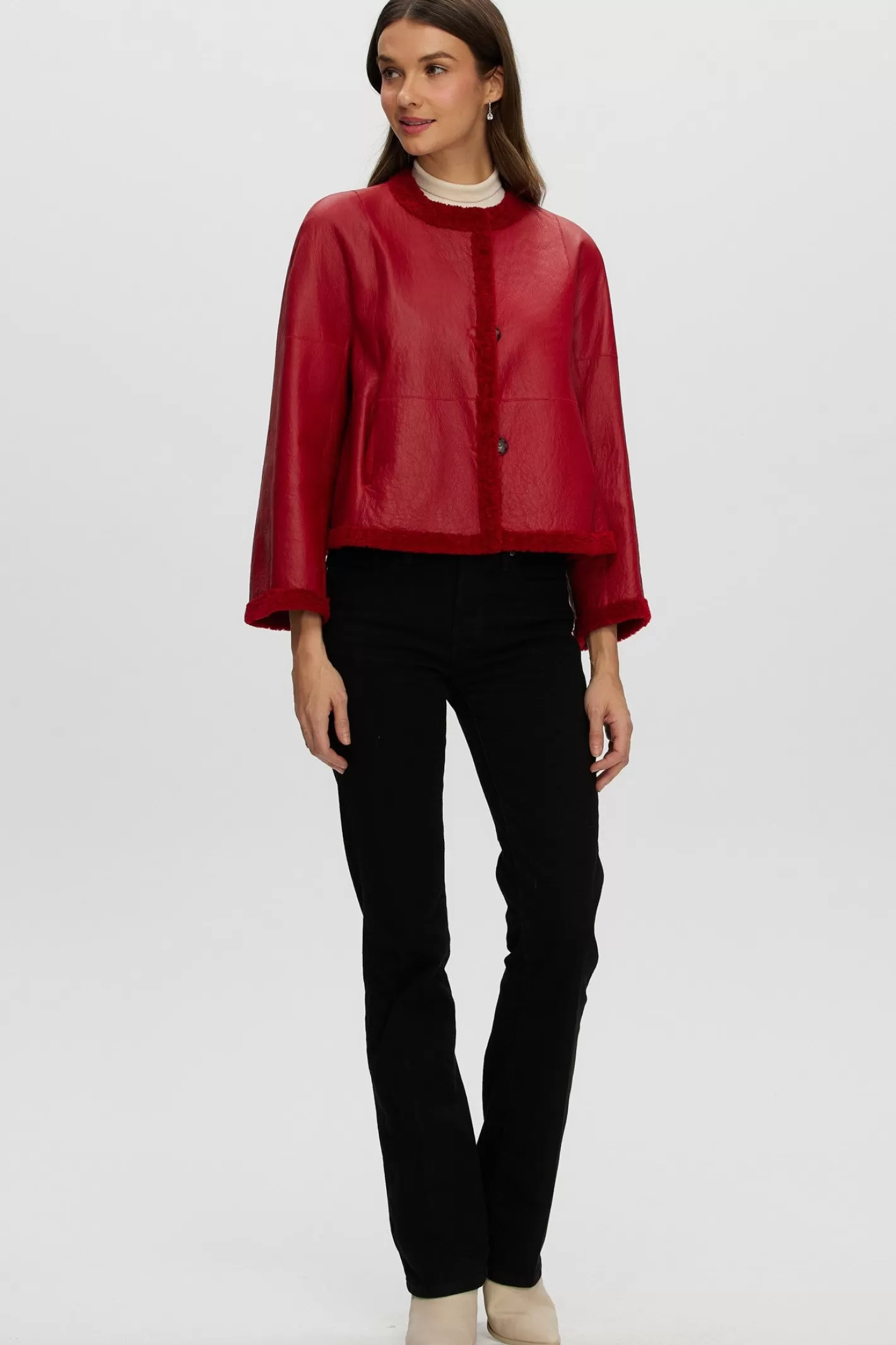 Women GORSKI Montreal Reversible Collarless New Zealand Shearling Lamb Jacket With 3/4 Sleeves