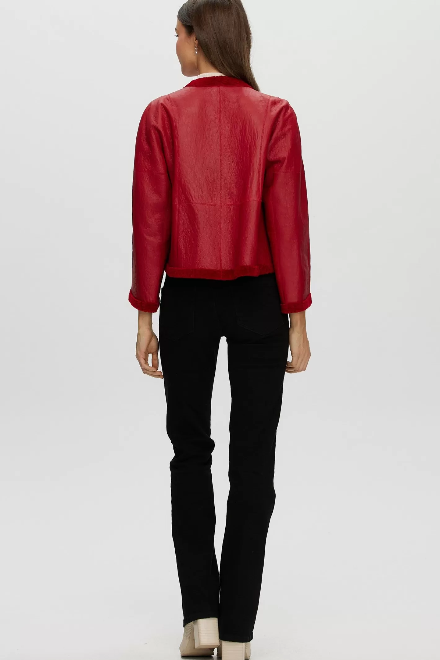 Women GORSKI Montreal Reversible Collarless New Zealand Shearling Lamb Jacket With 3/4 Sleeves