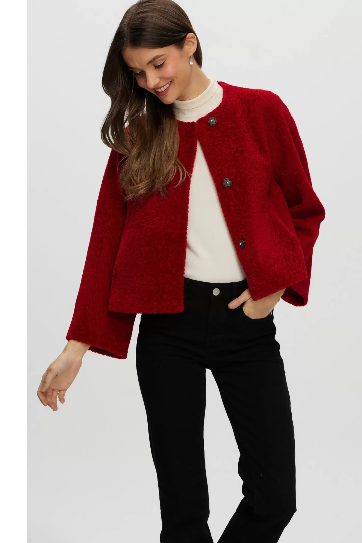 Women GORSKI Montreal Reversible Collarless New Zealand Shearling Lamb Jacket With 3/4 Sleeves