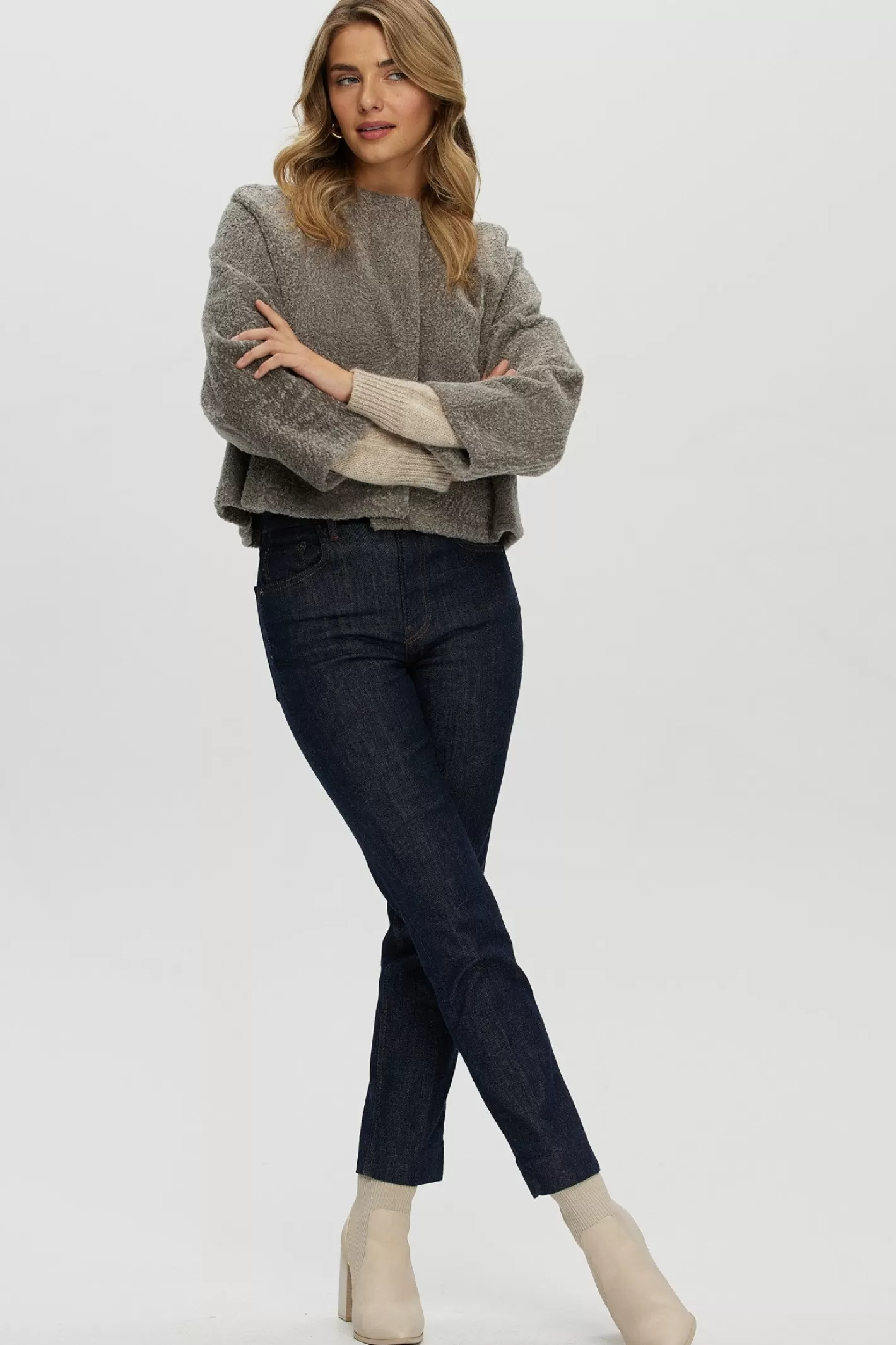 Women GORSKI Montreal Reversible Collarless New Zealand Shearling Lamb Jacket With 3/4 Sleeves