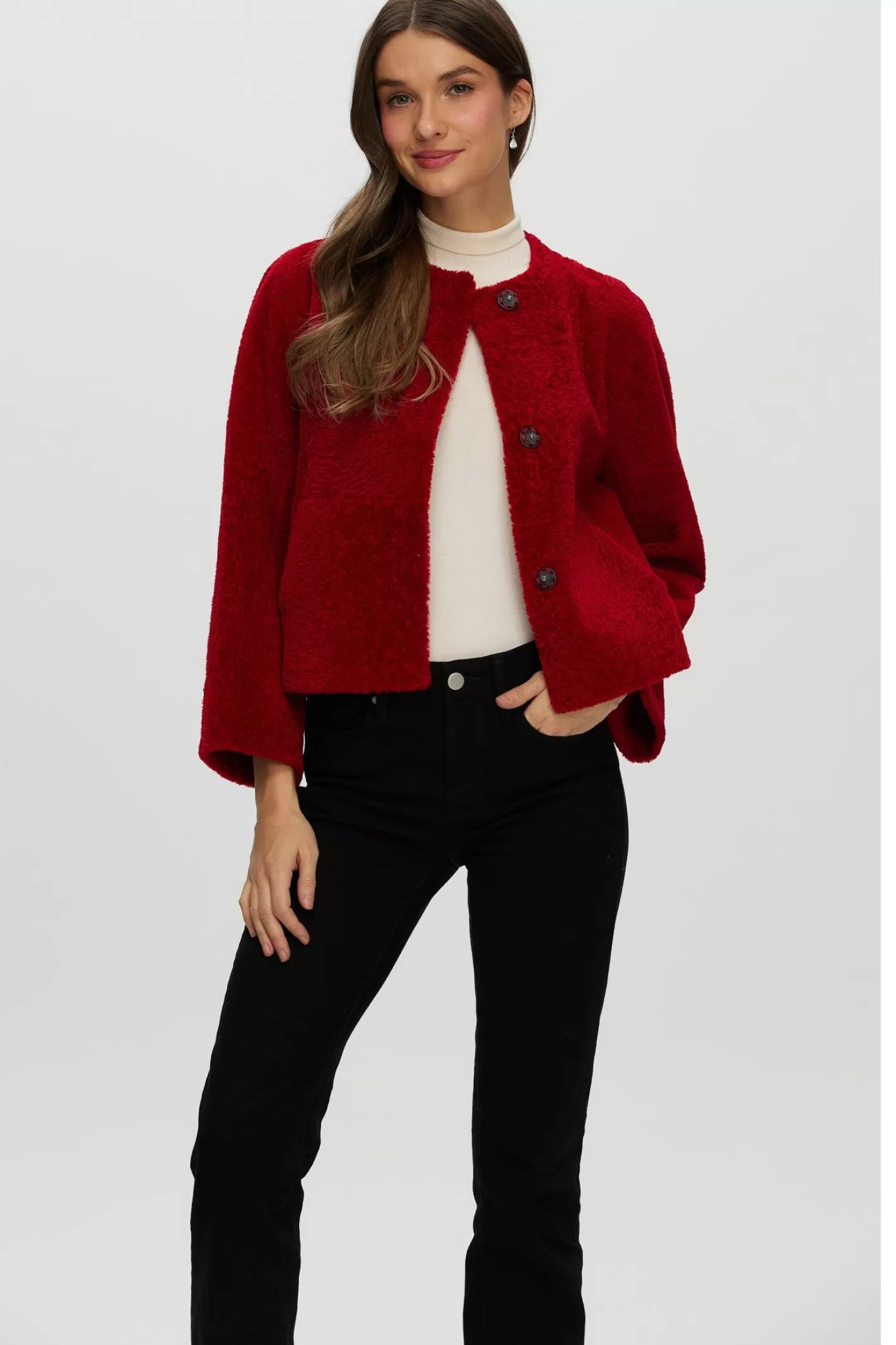 Women GORSKI Montreal Reversible Collarless New Zealand Shearling Lamb Jacket With 3/4 Sleeves