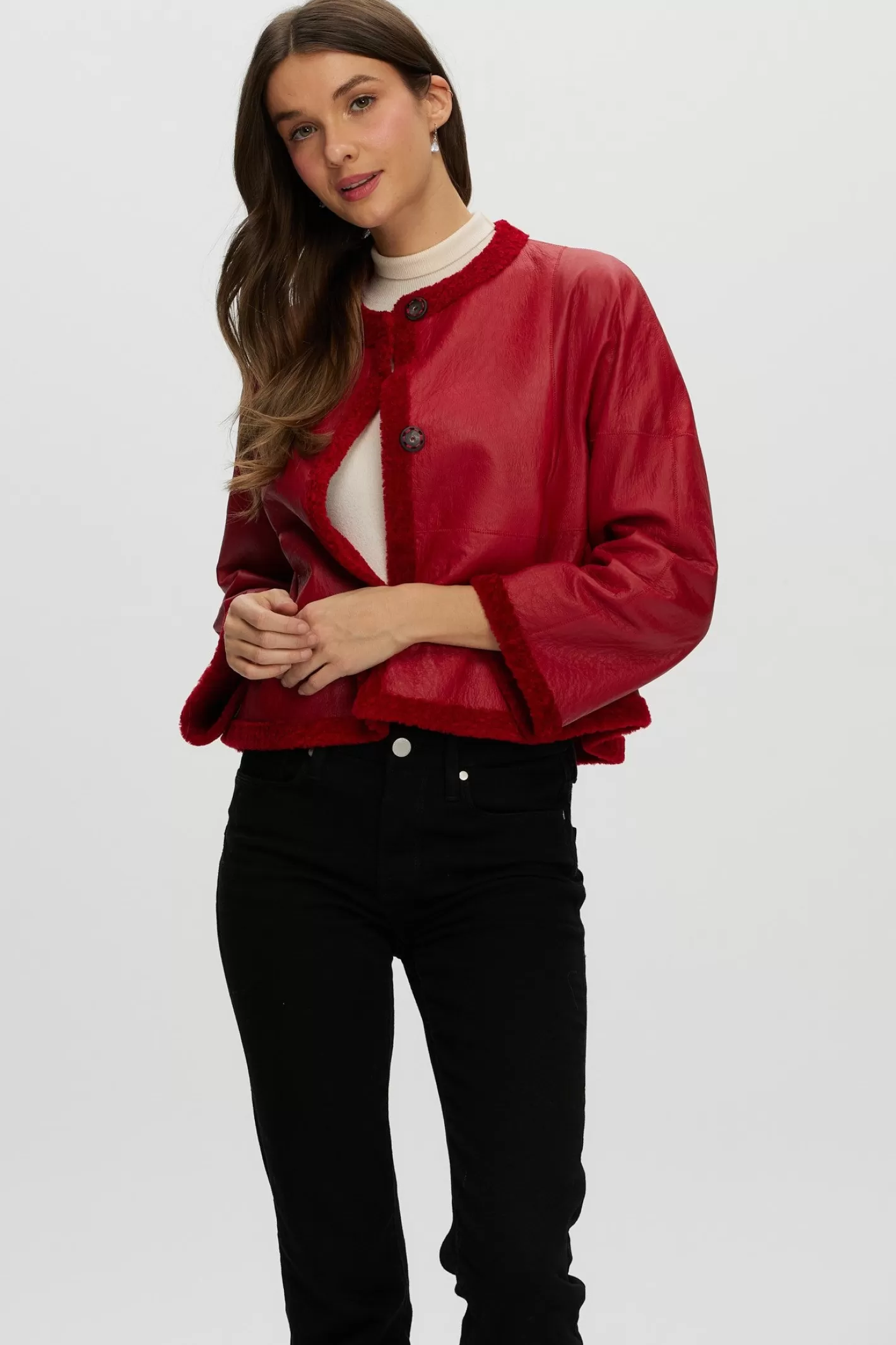 Women GORSKI Montreal Reversible Collarless New Zealand Shearling Lamb Jacket With 3/4 Sleeves