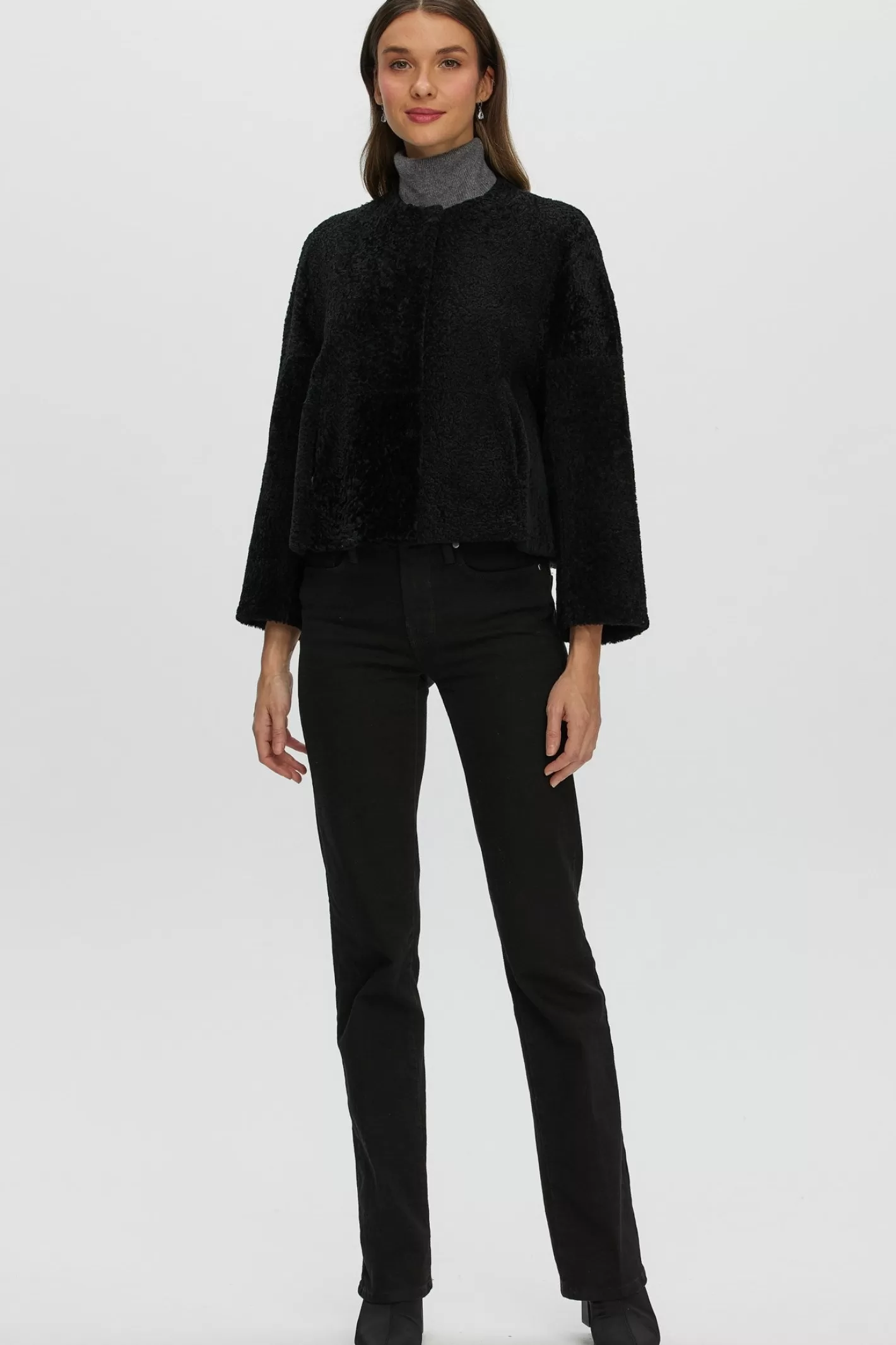 Women GORSKI Montreal Reversible Collarless New Zealand Shearling Lamb Jacket With 3/4 Sleeves