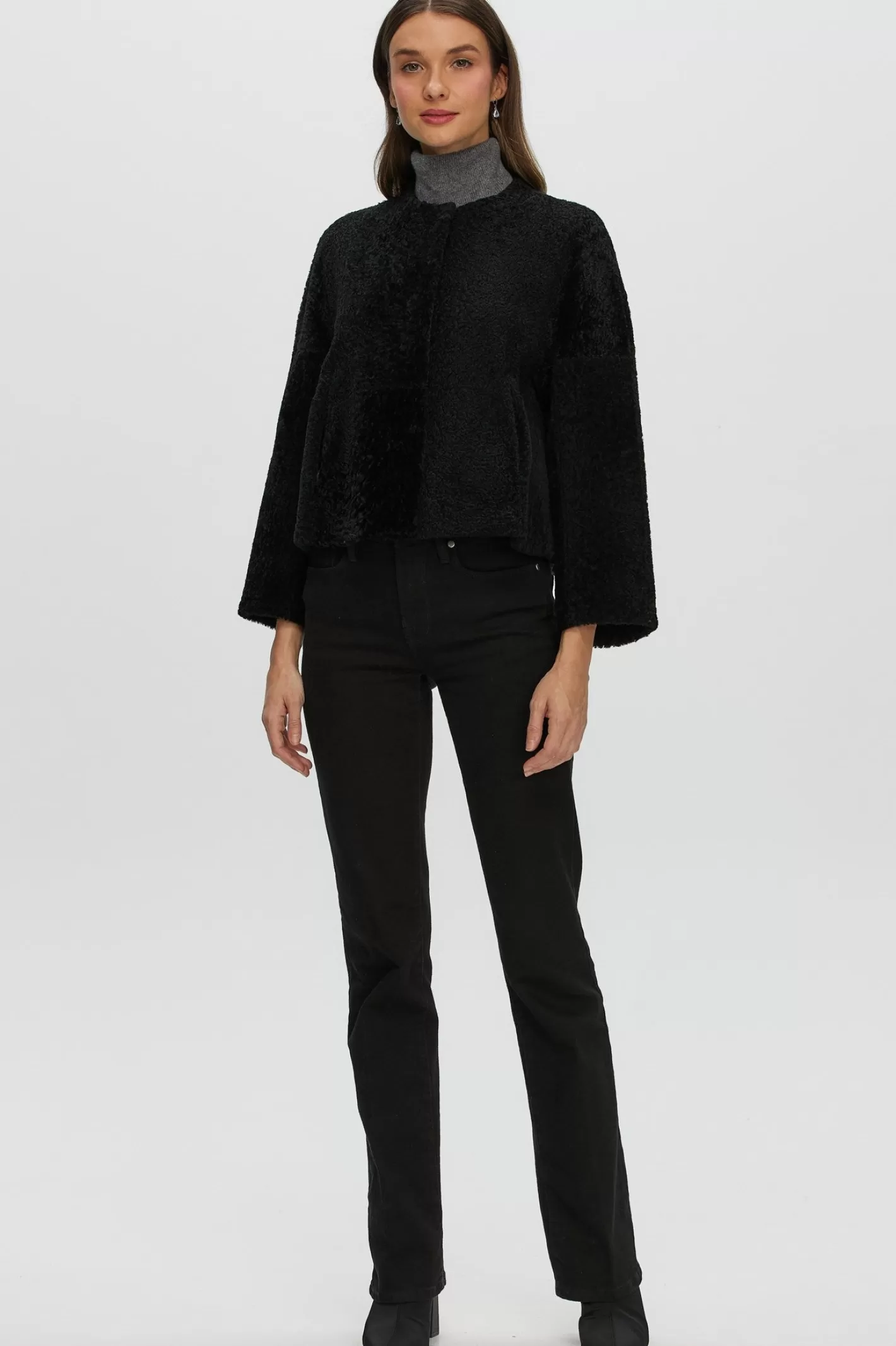 Women GORSKI Montreal Reversible Collarless New Zealand Shearling Lamb Jacket With 3/4 Sleeves