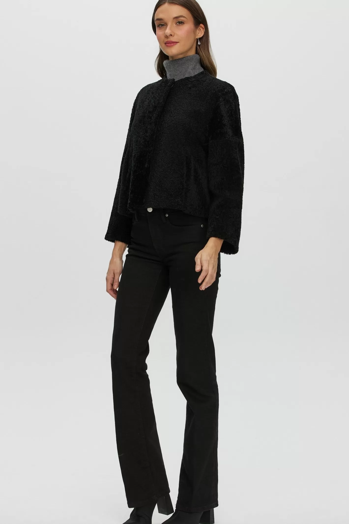Women GORSKI Montreal Reversible Collarless New Zealand Shearling Lamb Jacket With 3/4 Sleeves