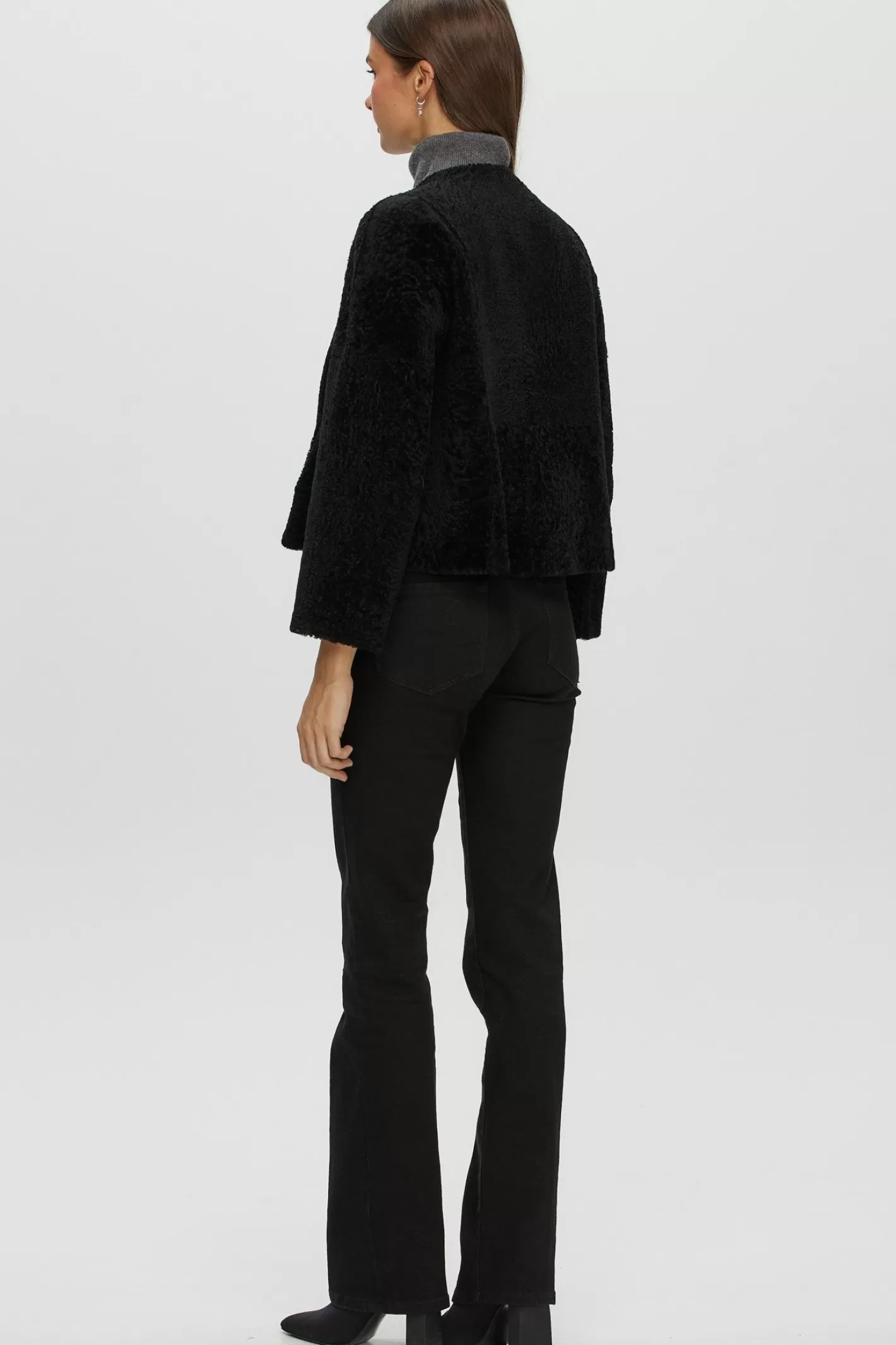 Women GORSKI Montreal Reversible Collarless New Zealand Shearling Lamb Jacket With 3/4 Sleeves