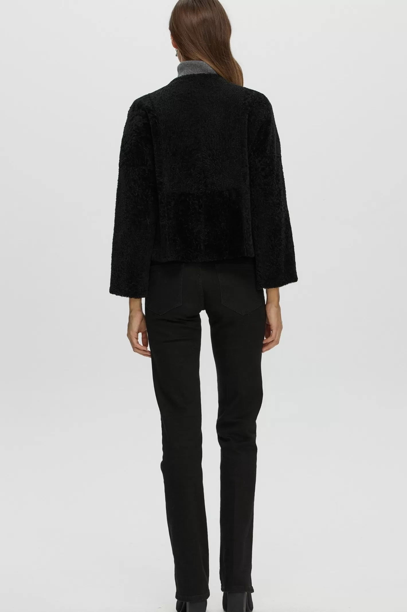 Women GORSKI Montreal Reversible Collarless New Zealand Shearling Lamb Jacket With 3/4 Sleeves