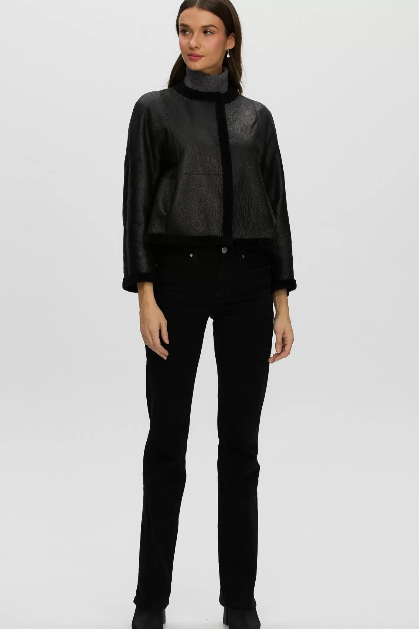Women GORSKI Montreal Reversible Collarless New Zealand Shearling Lamb Jacket With 3/4 Sleeves