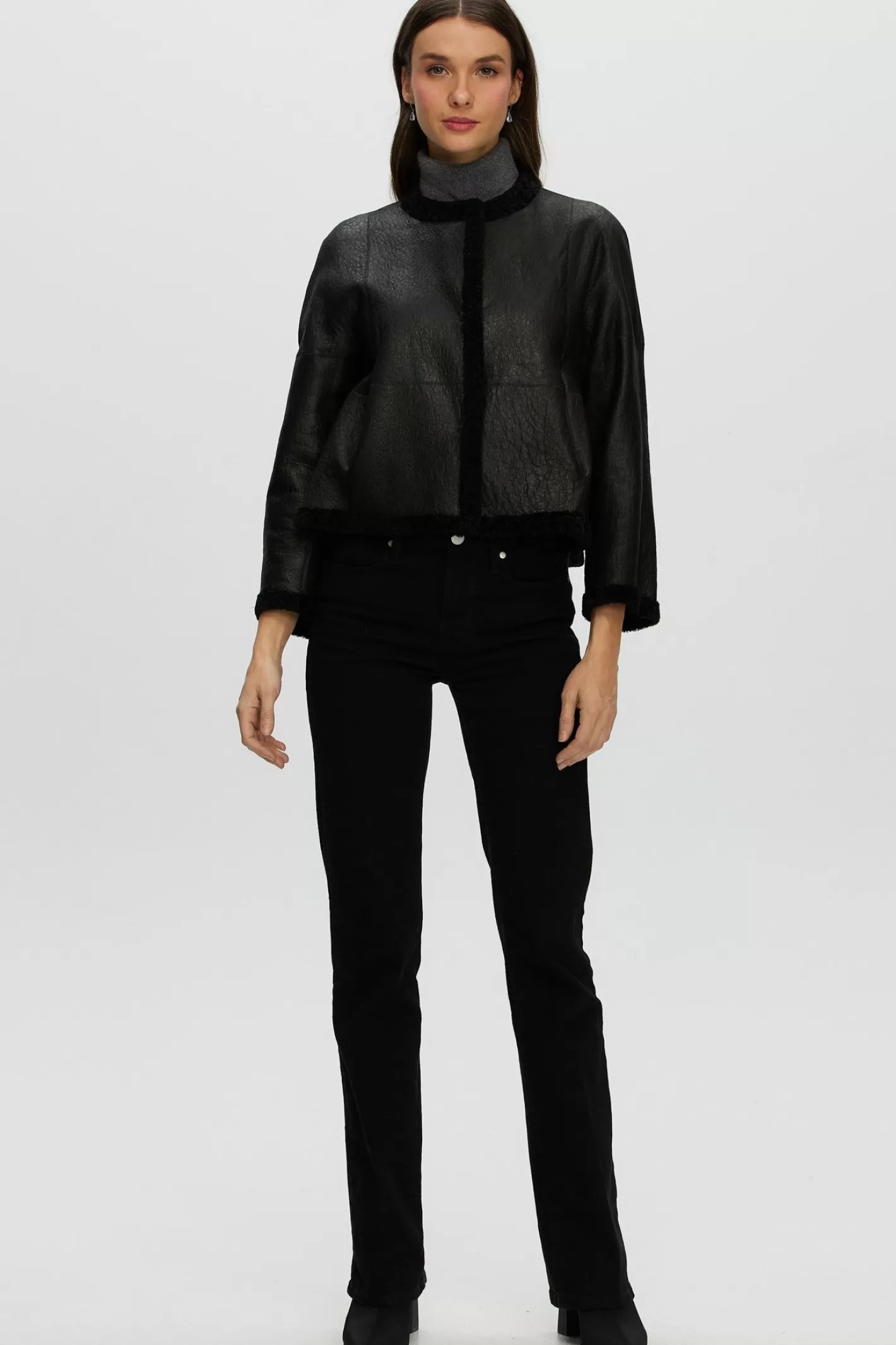 Women GORSKI Montreal Reversible Collarless New Zealand Shearling Lamb Jacket With 3/4 Sleeves