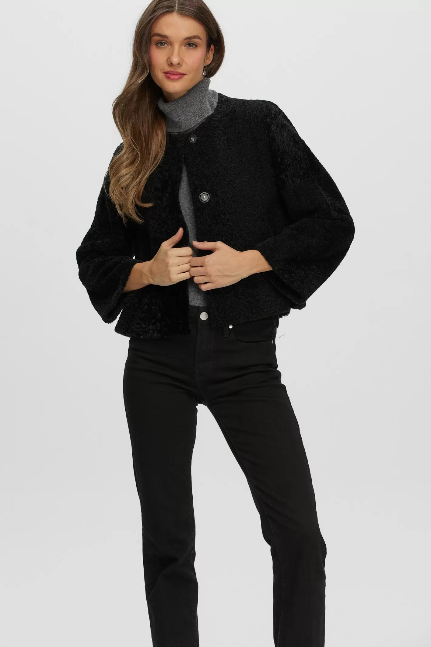Women GORSKI Montreal Reversible Collarless New Zealand Shearling Lamb Jacket With 3/4 Sleeves