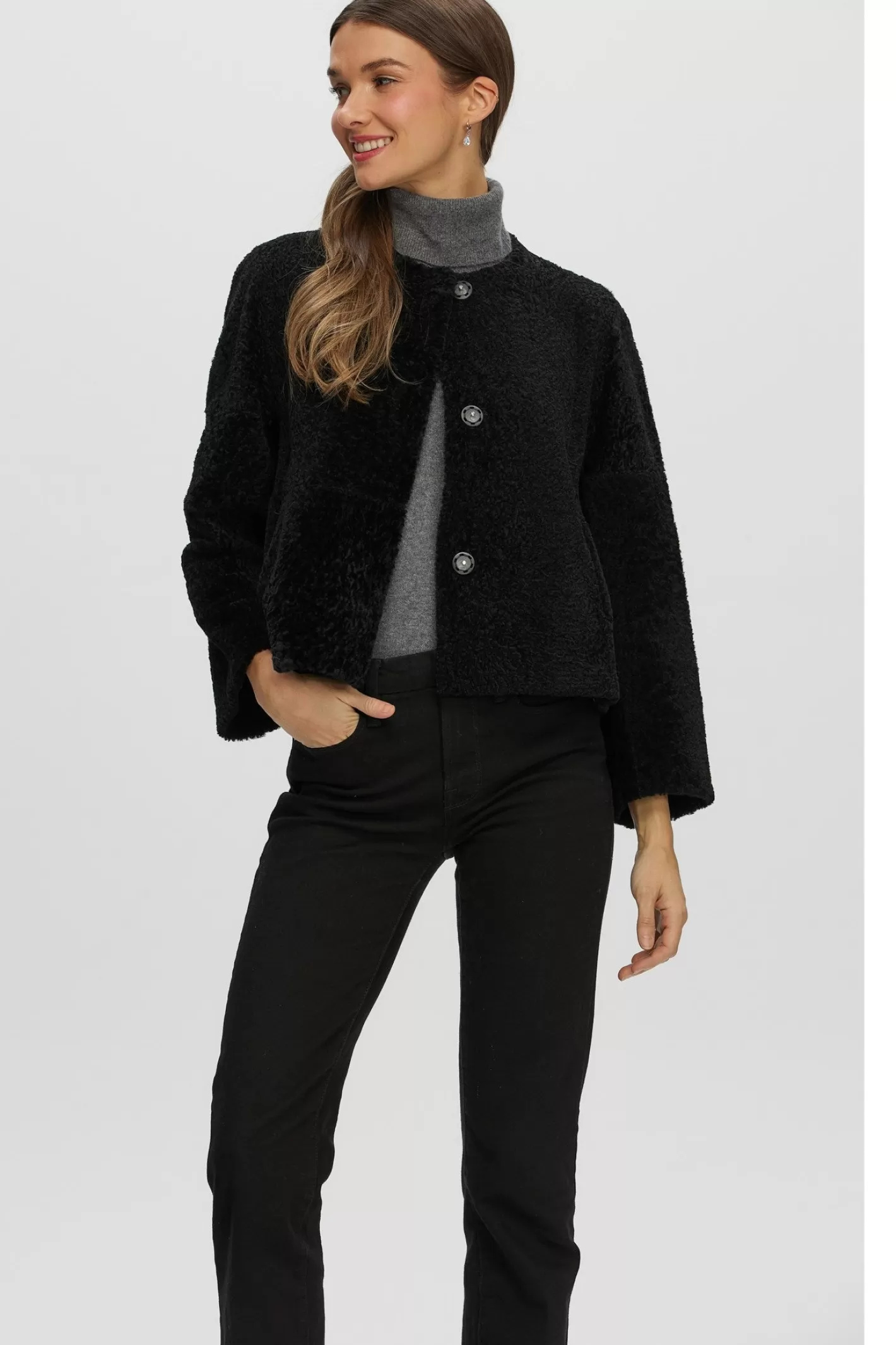 Women GORSKI Montreal Reversible Collarless New Zealand Shearling Lamb Jacket With 3/4 Sleeves