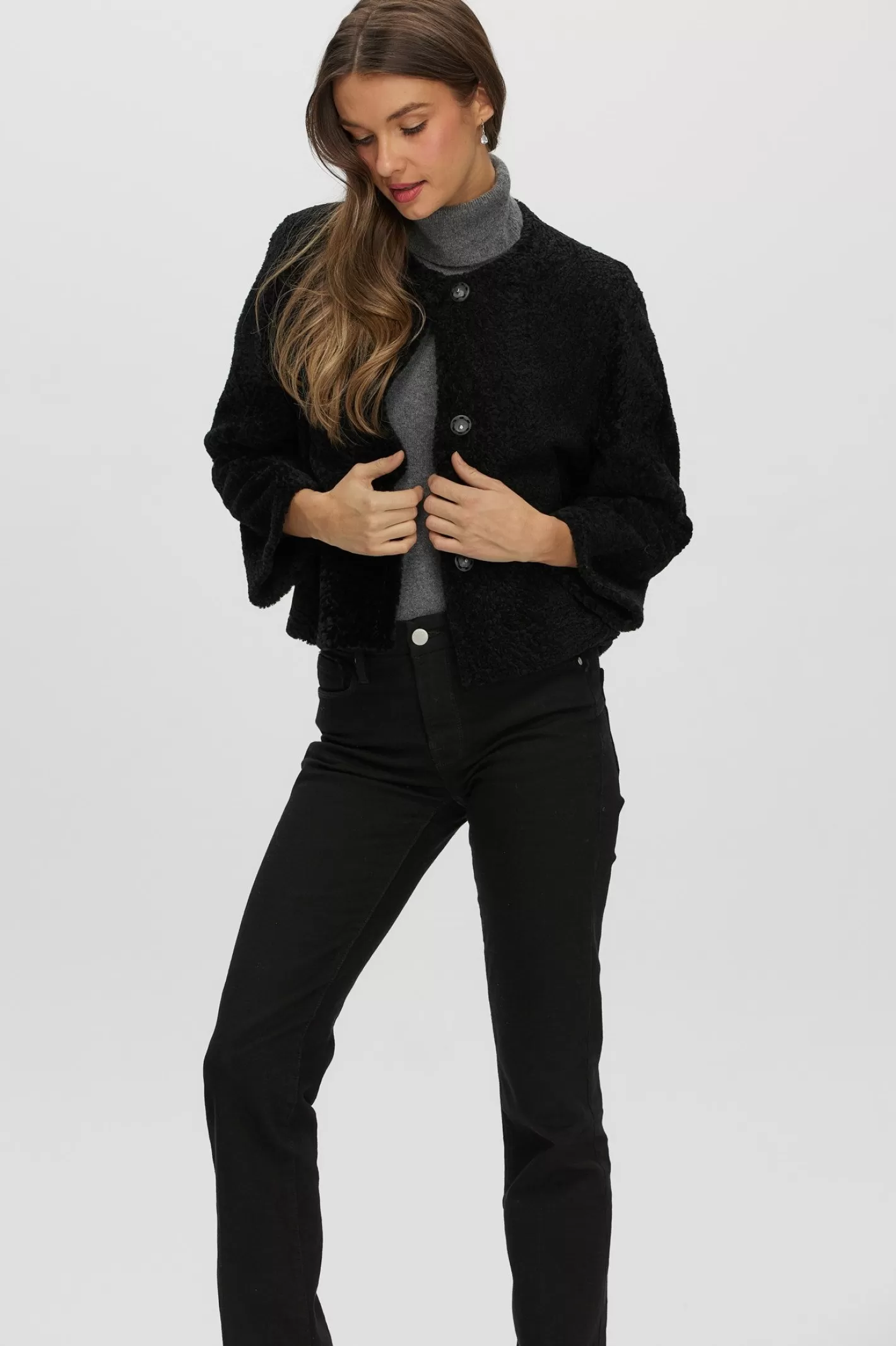 Women GORSKI Montreal Reversible Collarless New Zealand Shearling Lamb Jacket With 3/4 Sleeves
