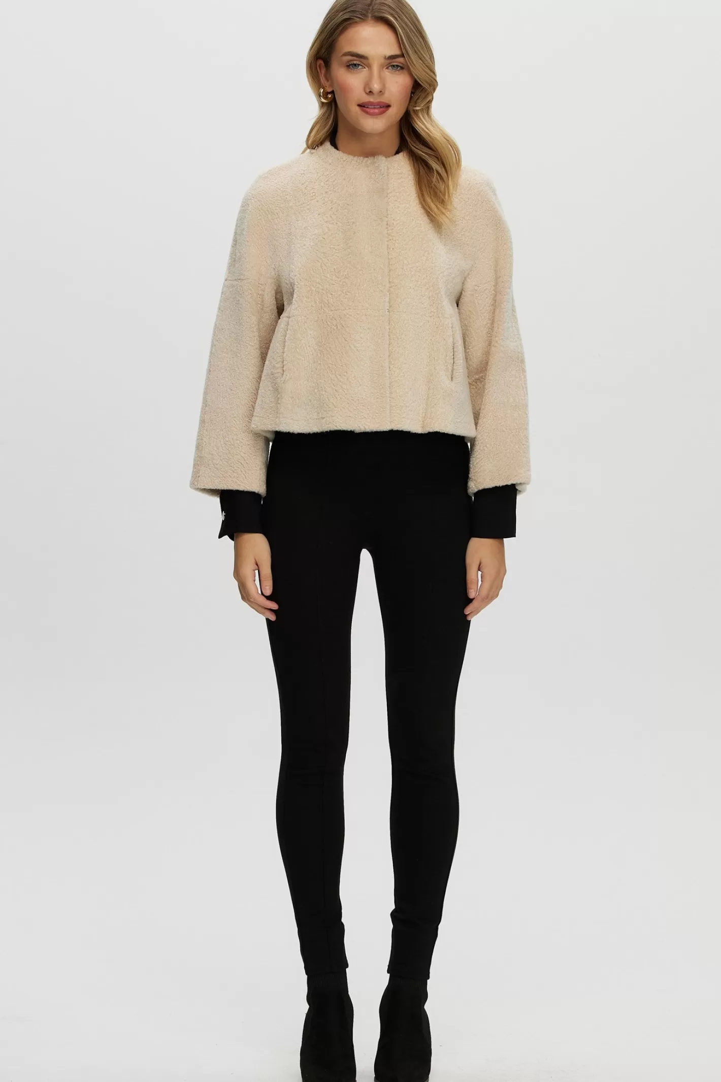 Women GORSKI Montreal Reversible Collarless New Zealand Shearling Lamb Jacket With 3/4 Sleeves