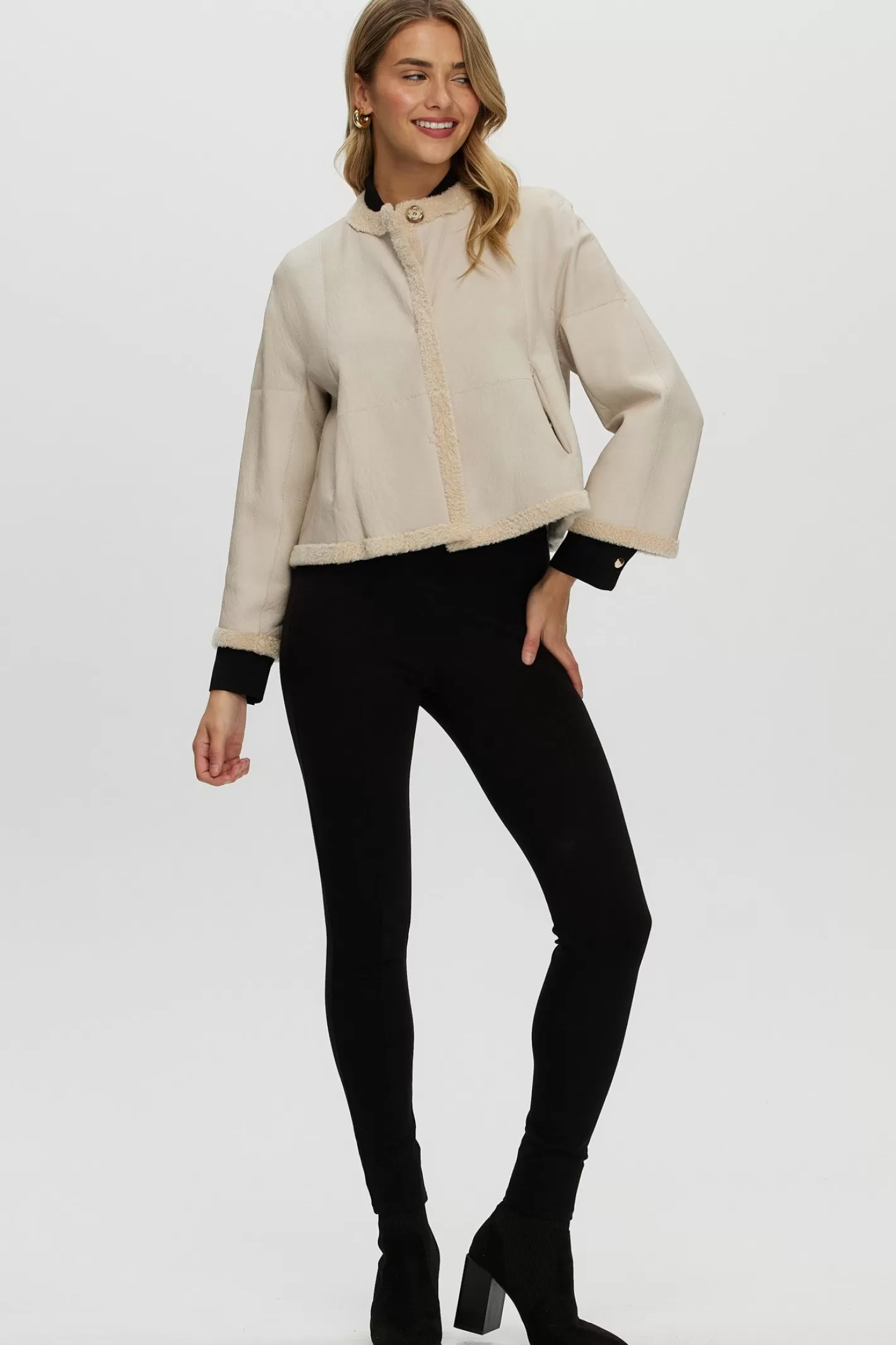 Women GORSKI Montreal Reversible Collarless New Zealand Shearling Lamb Jacket With 3/4 Sleeves