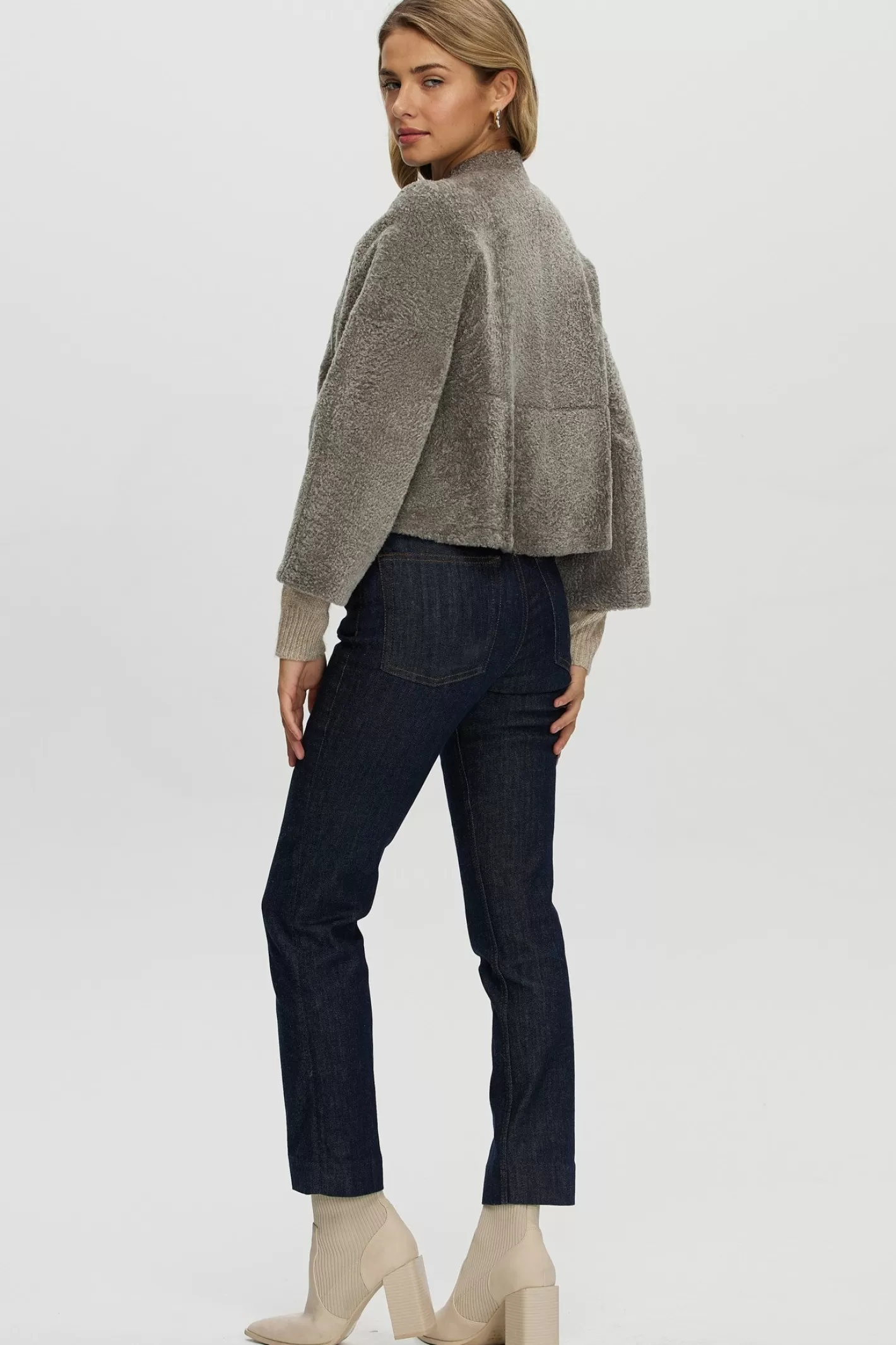 Women GORSKI Montreal Reversible Collarless New Zealand Shearling Lamb Jacket With 3/4 Sleeves