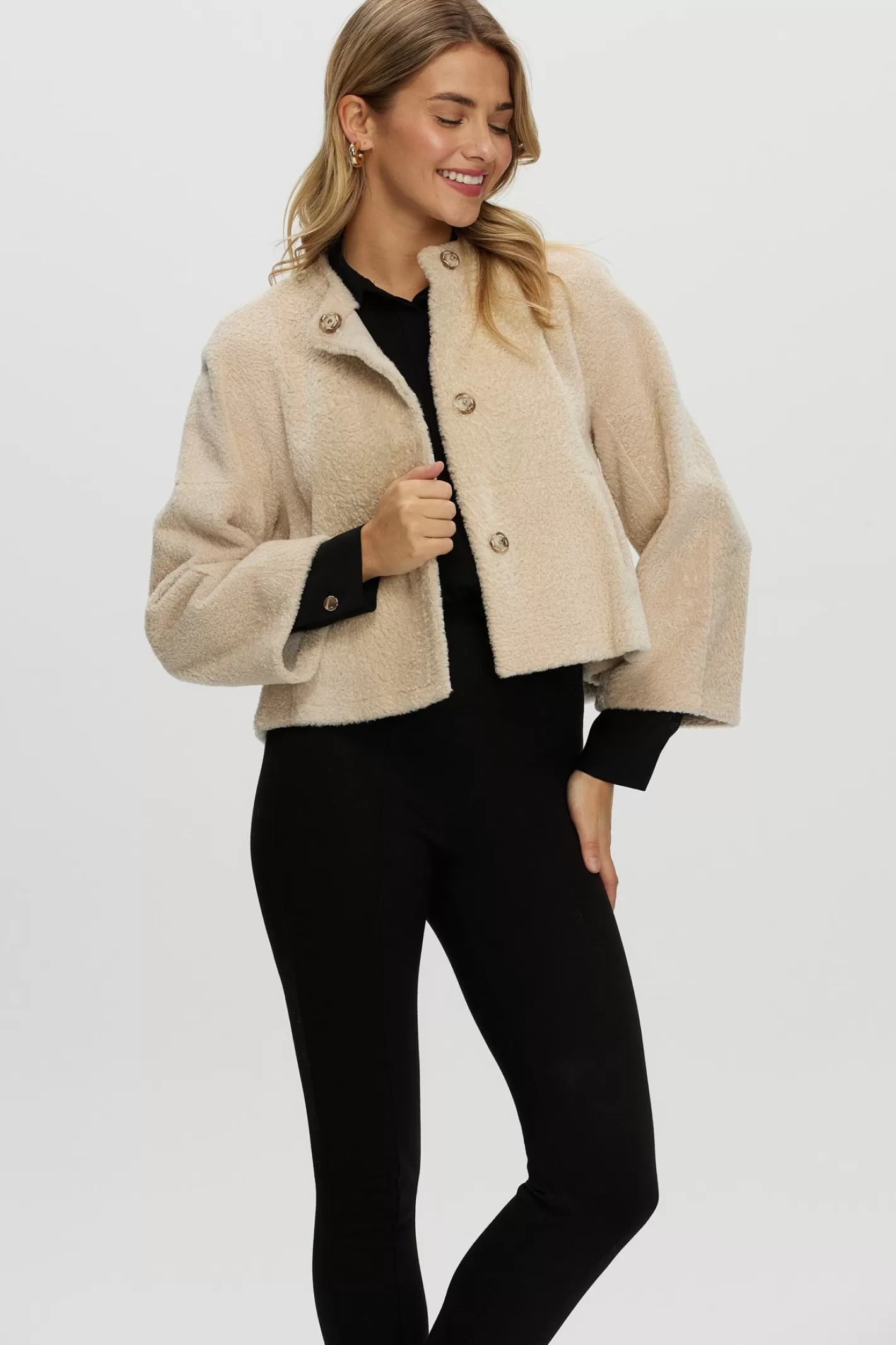 Women GORSKI Montreal Reversible Collarless New Zealand Shearling Lamb Jacket With 3/4 Sleeves