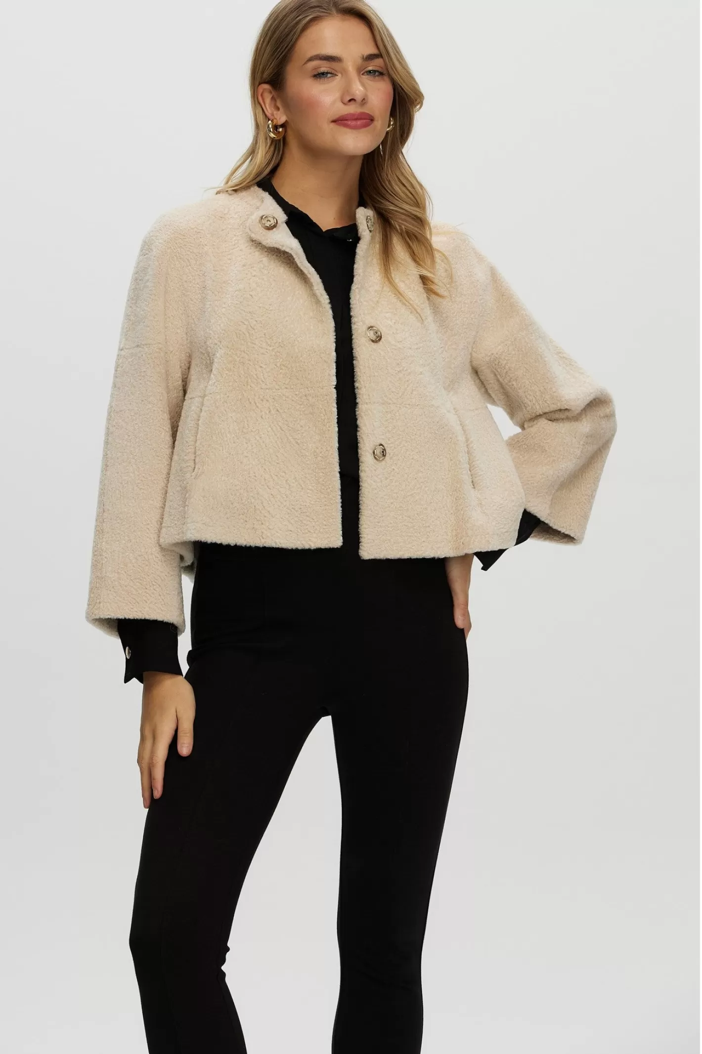 Women GORSKI Montreal Reversible Collarless New Zealand Shearling Lamb Jacket With 3/4 Sleeves