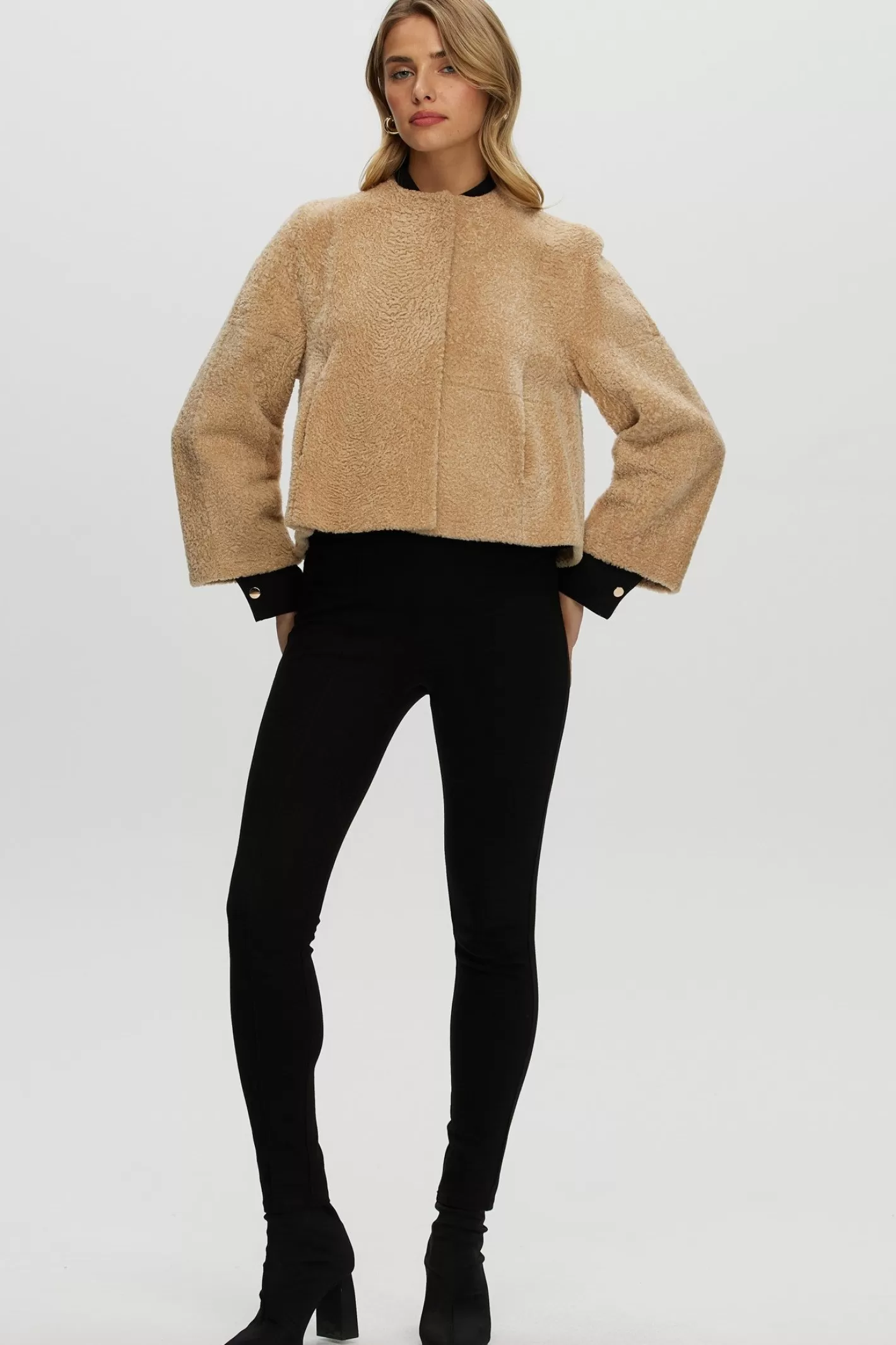 Women GORSKI Montreal Reversible Collarless New Zealand Shearling Lamb Jacket With 3/4 Sleeves