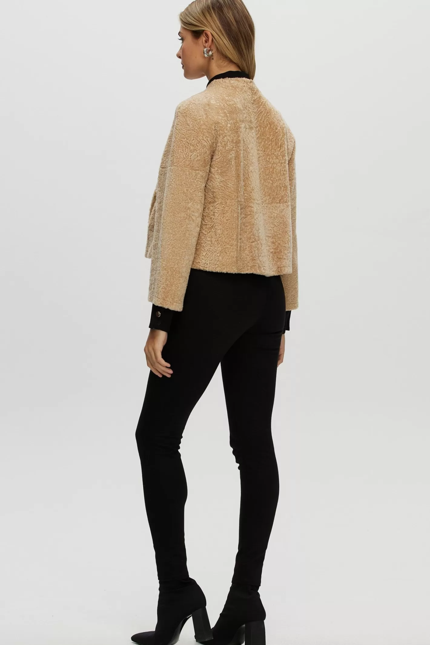 Women GORSKI Montreal Reversible Collarless New Zealand Shearling Lamb Jacket With 3/4 Sleeves