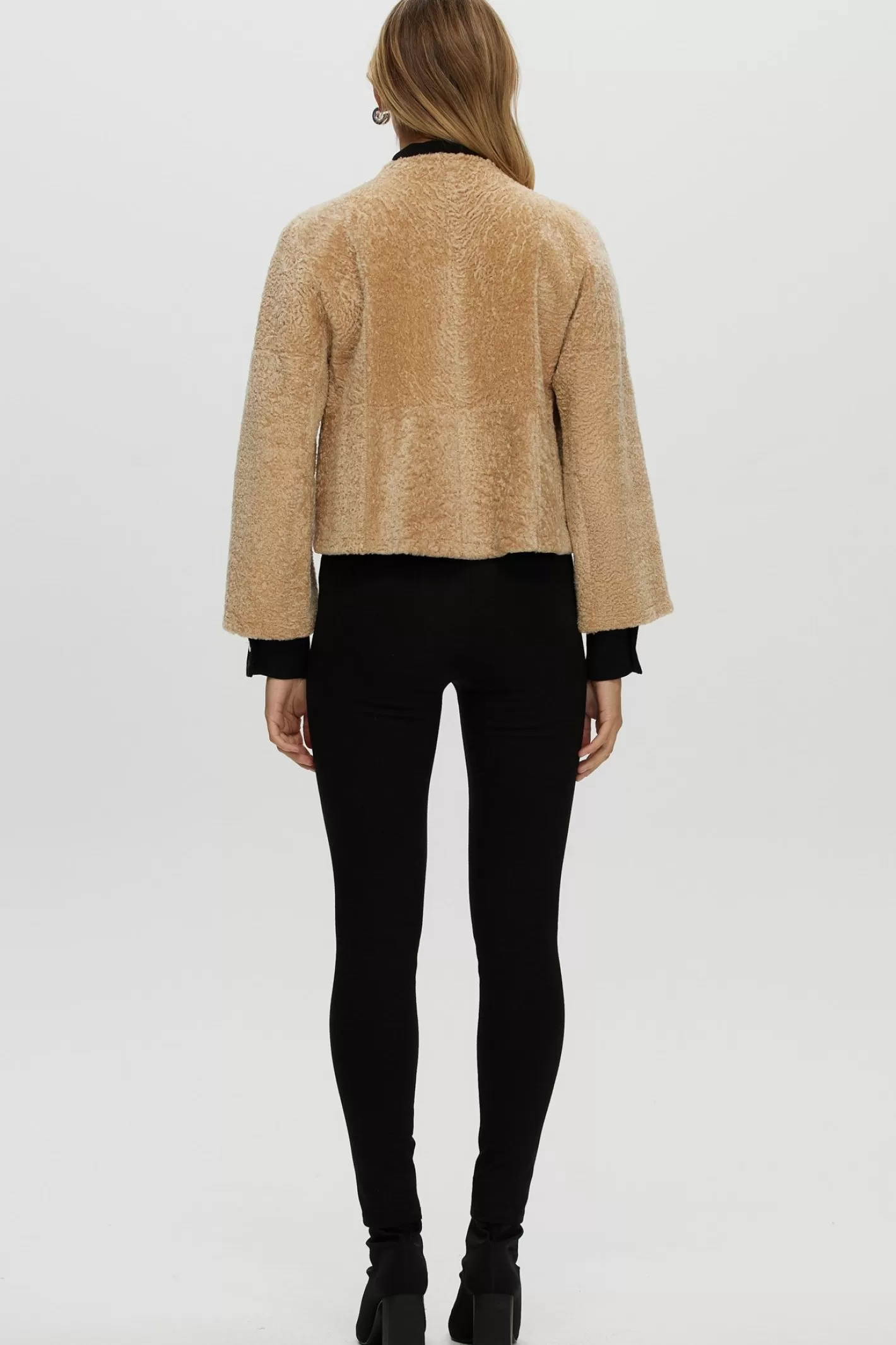 Women GORSKI Montreal Reversible Collarless New Zealand Shearling Lamb Jacket With 3/4 Sleeves