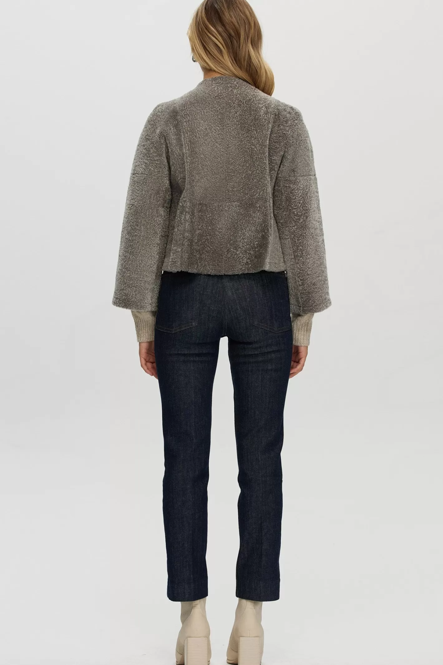 Women GORSKI Montreal Reversible Collarless New Zealand Shearling Lamb Jacket With 3/4 Sleeves
