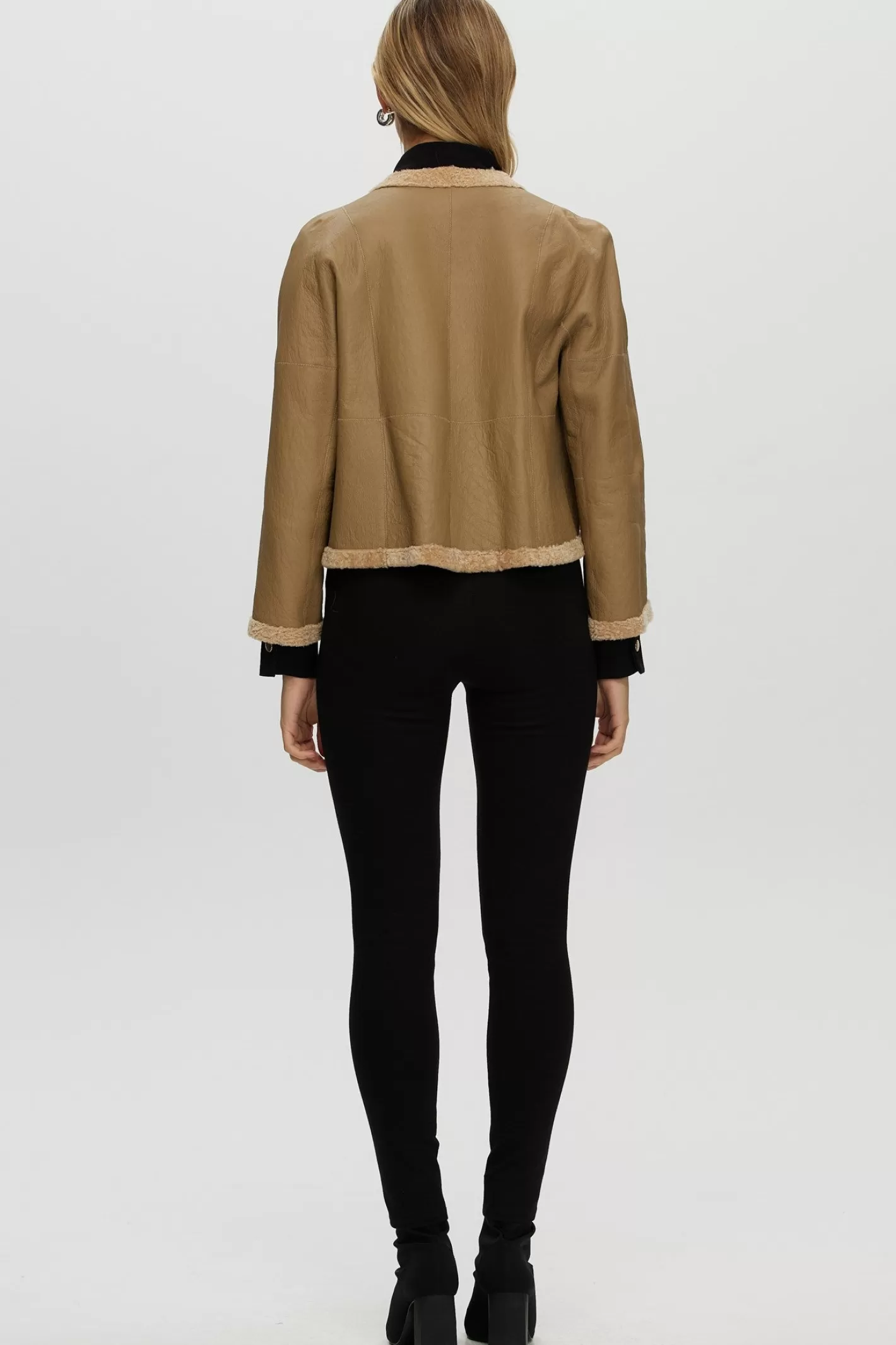 Women GORSKI Montreal Reversible Collarless New Zealand Shearling Lamb Jacket With 3/4 Sleeves