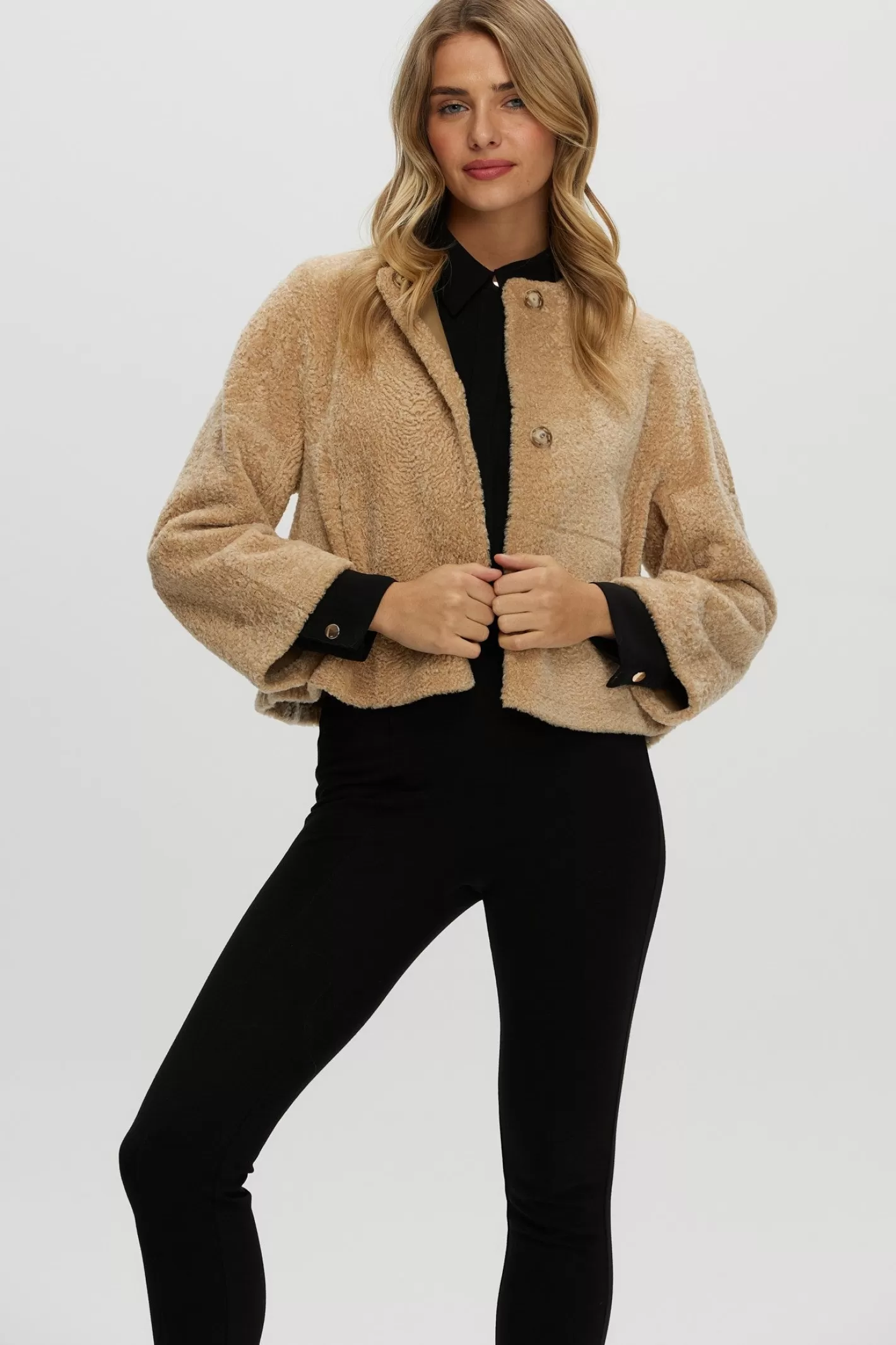 Women GORSKI Montreal Reversible Collarless New Zealand Shearling Lamb Jacket With 3/4 Sleeves