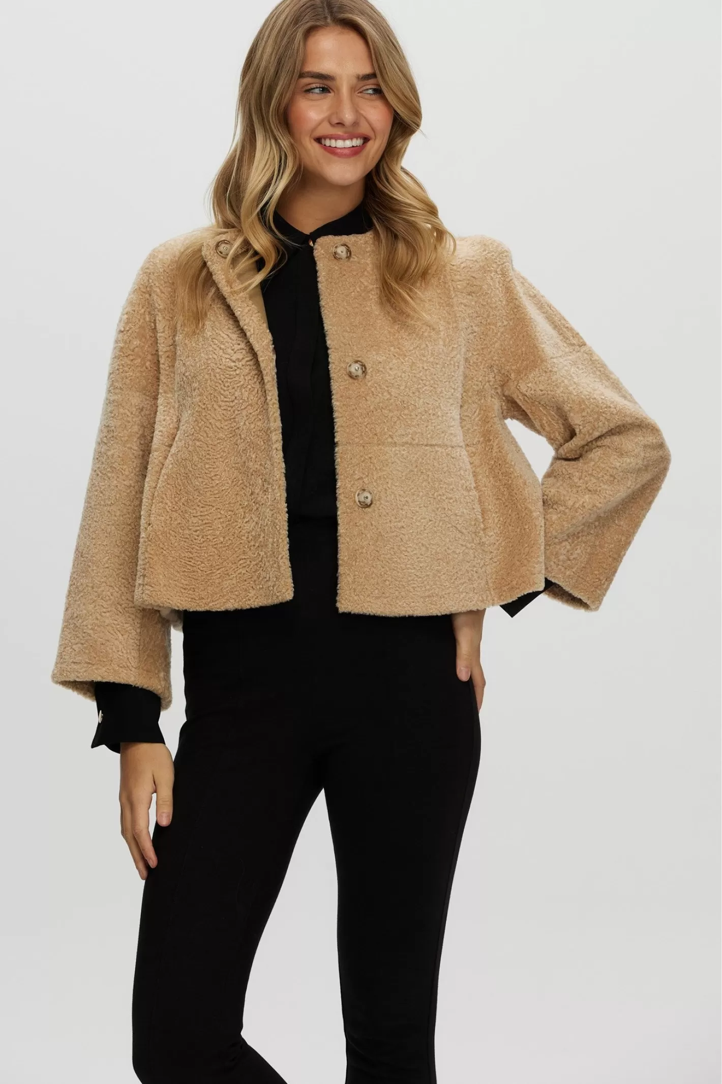 Women GORSKI Montreal Reversible Collarless New Zealand Shearling Lamb Jacket With 3/4 Sleeves