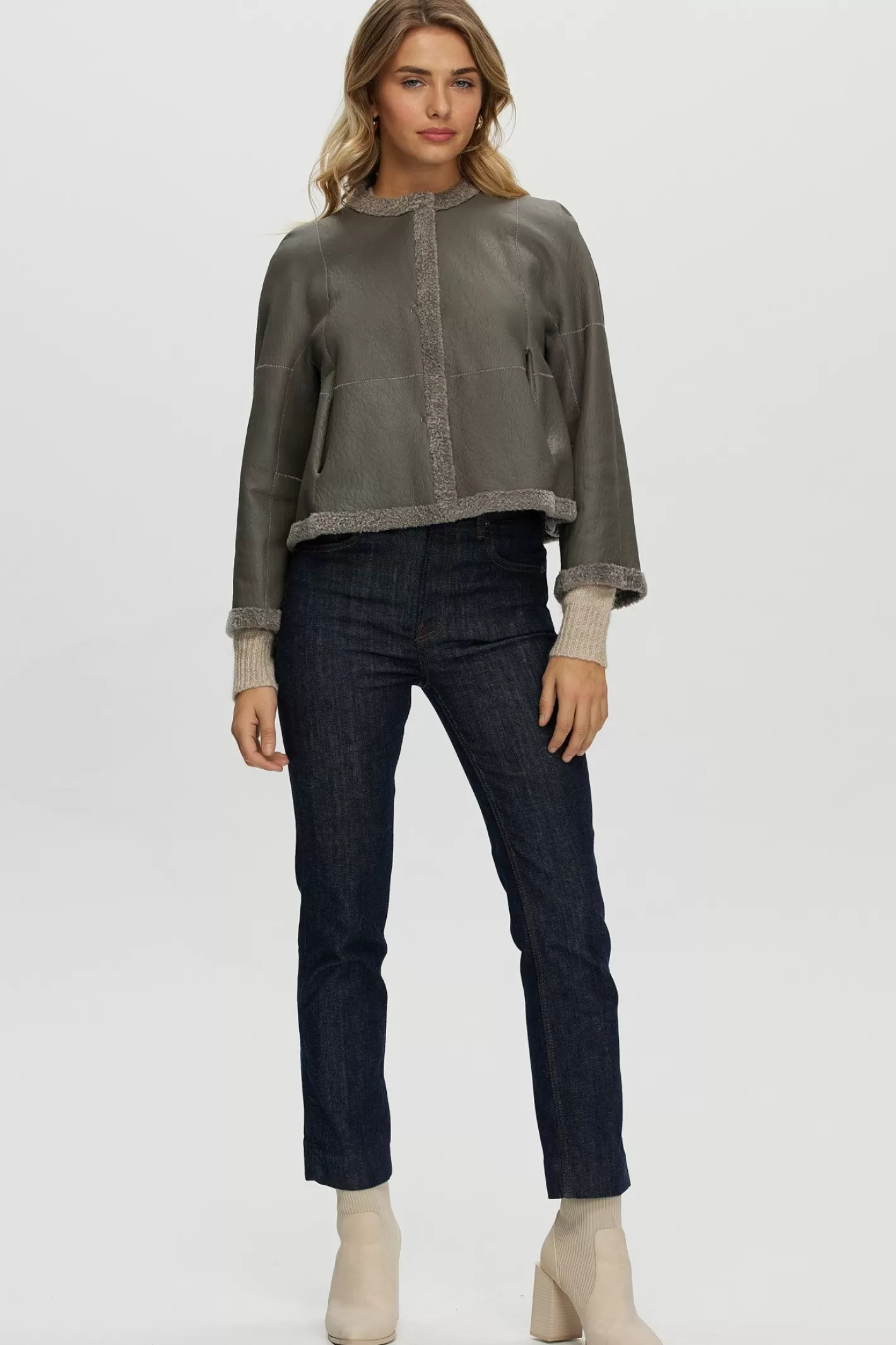 Women GORSKI Montreal Reversible Collarless New Zealand Shearling Lamb Jacket With 3/4 Sleeves