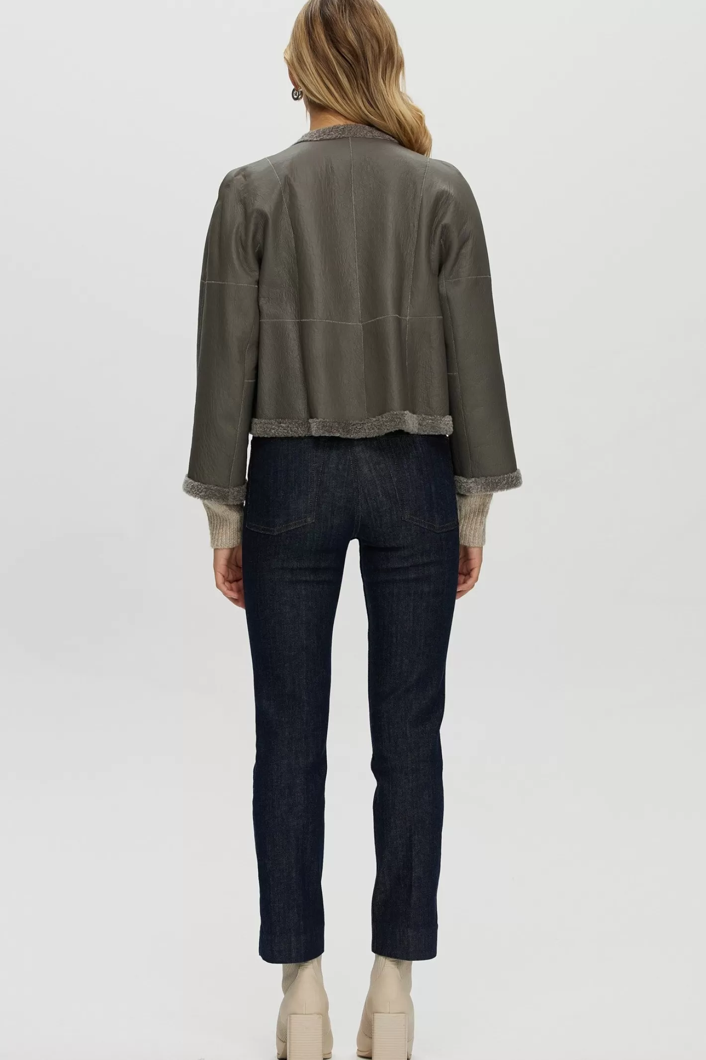 Women GORSKI Montreal Reversible Collarless New Zealand Shearling Lamb Jacket With 3/4 Sleeves
